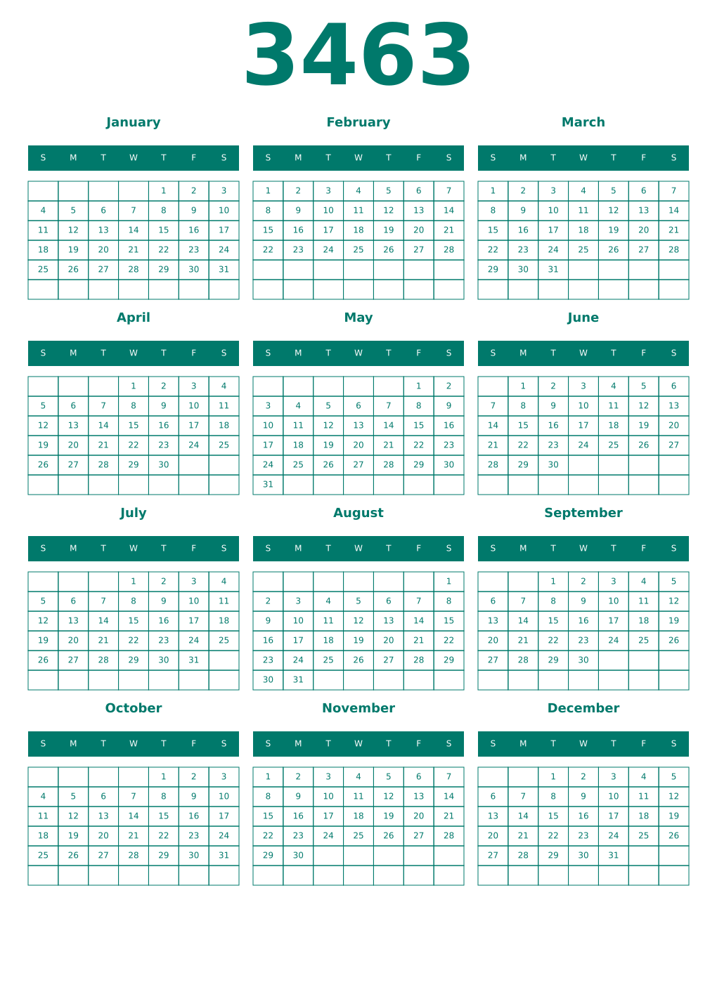 Printable 3463 Year Calendars pastel