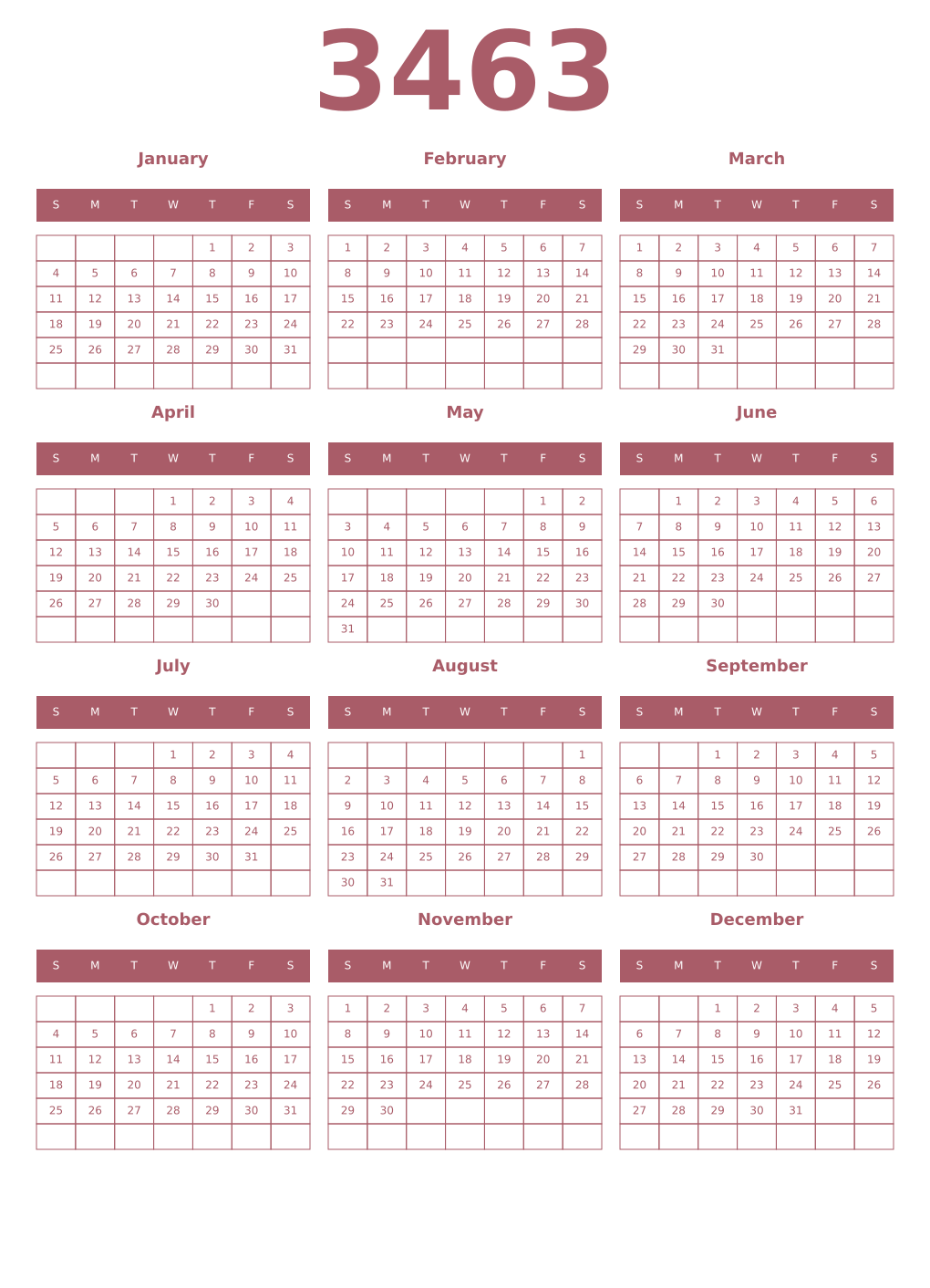 Printable 3463 Year Calendars puce