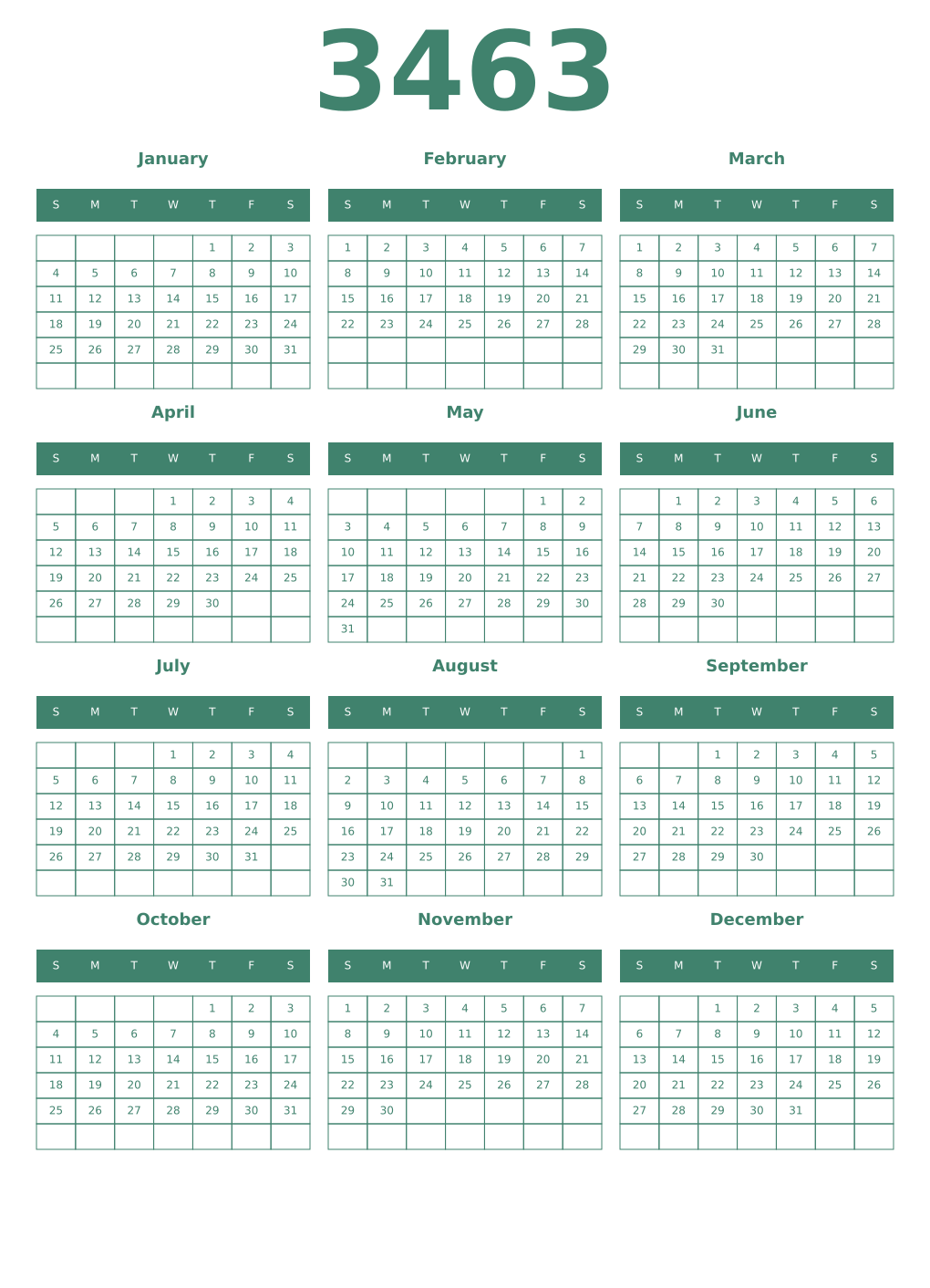 Printable 3463 Year Calendars viridian