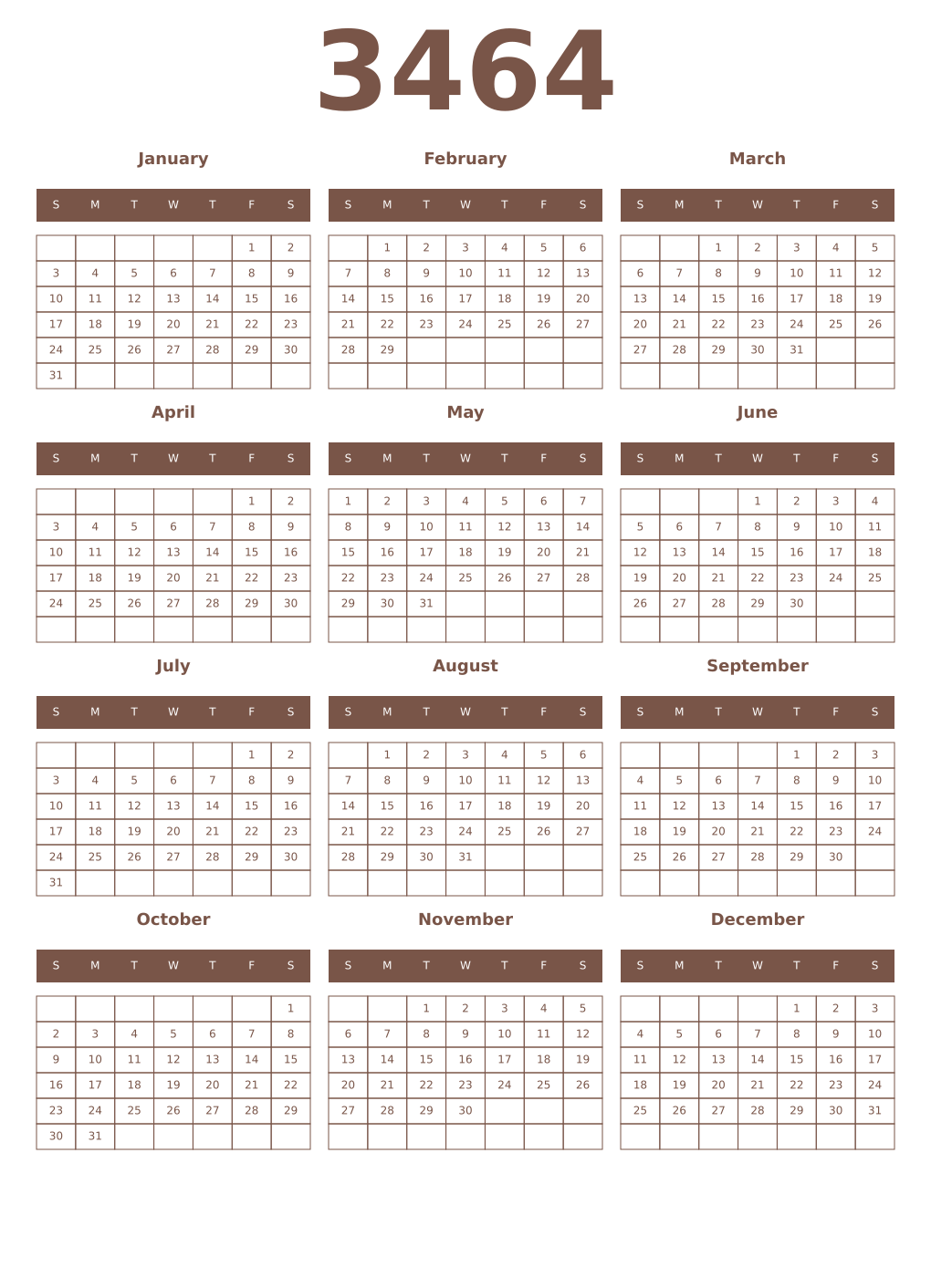 Printable 3464 Year Calendars coffe
