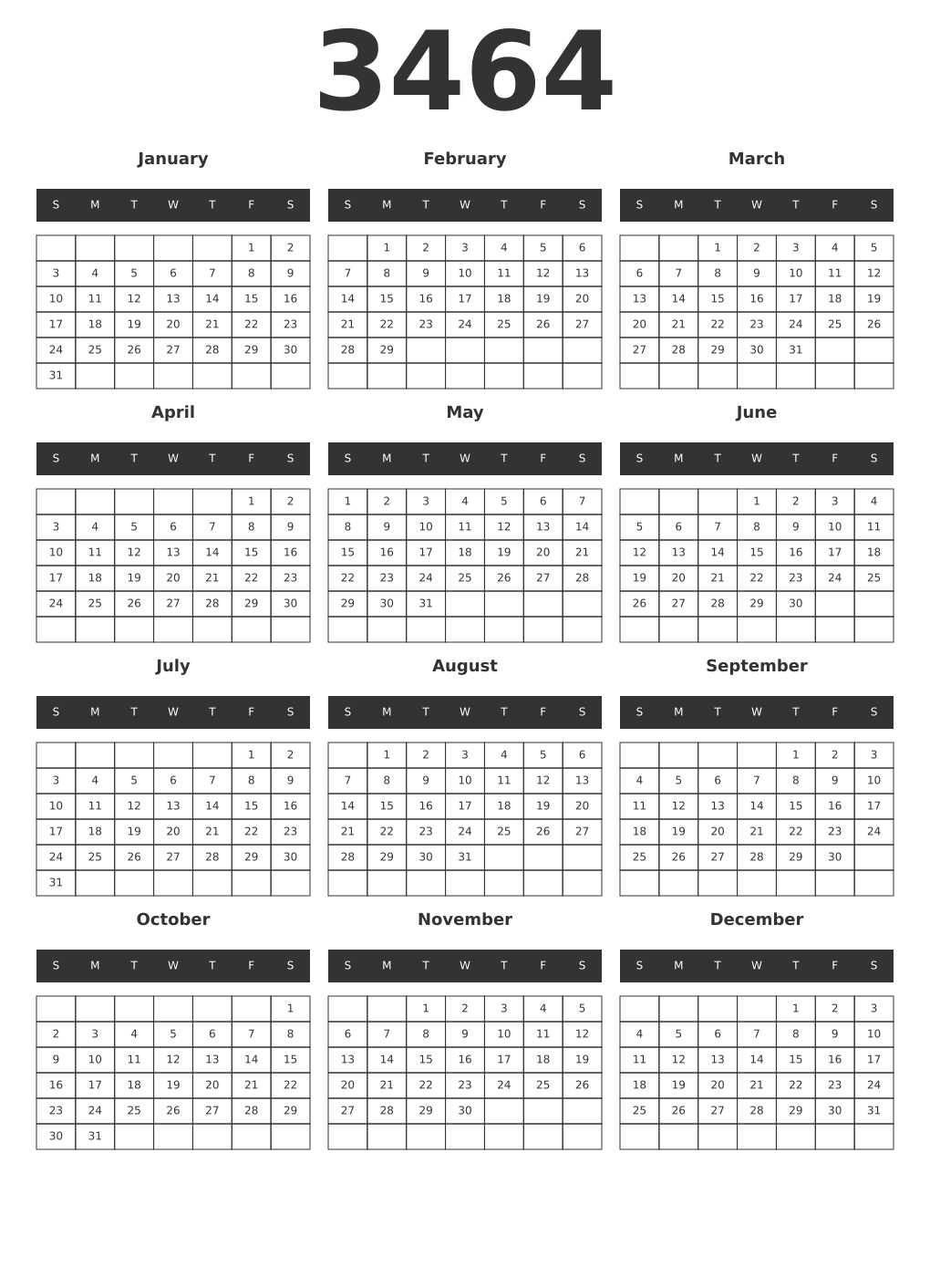 Printable 3464 Year Calendars dark
