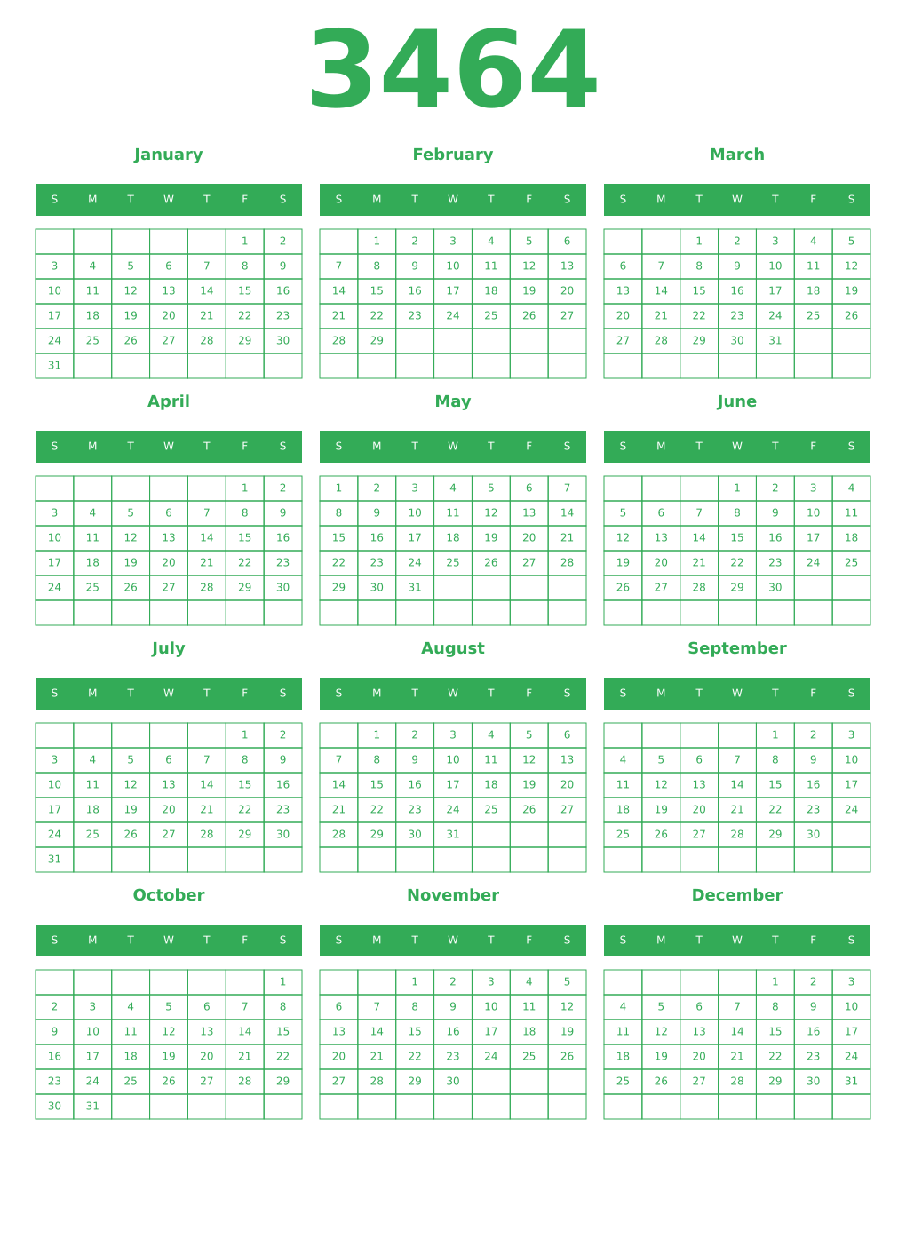 Printable 3464 Year Calendars green
