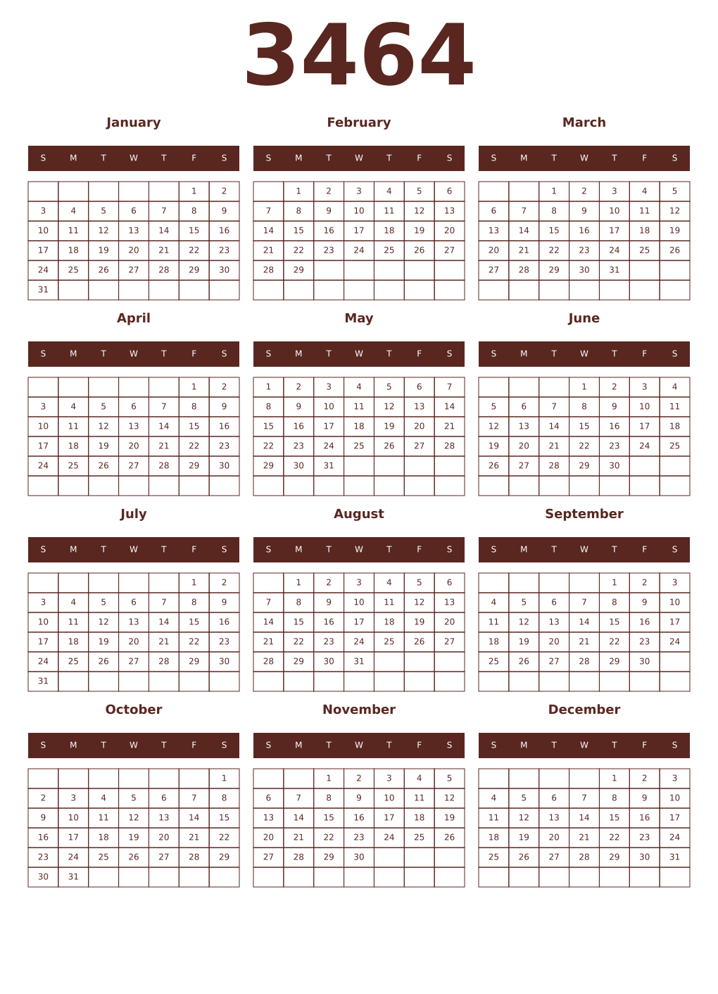 Printable 3464 Year Calendars mortuum