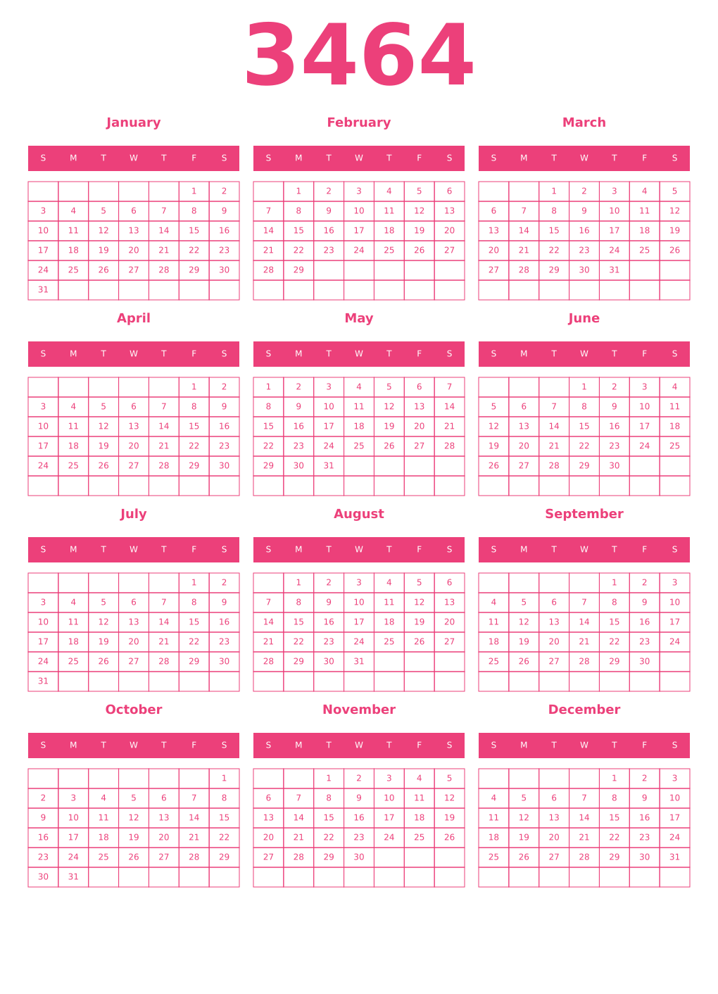 Printable 3464 Year Calendars pink