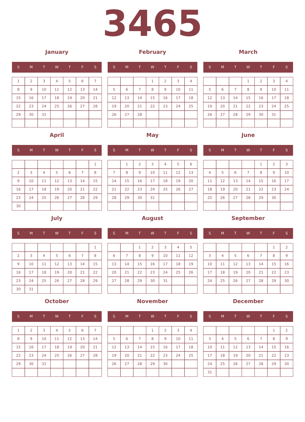 Printable 3465 Year Calendars cordovan