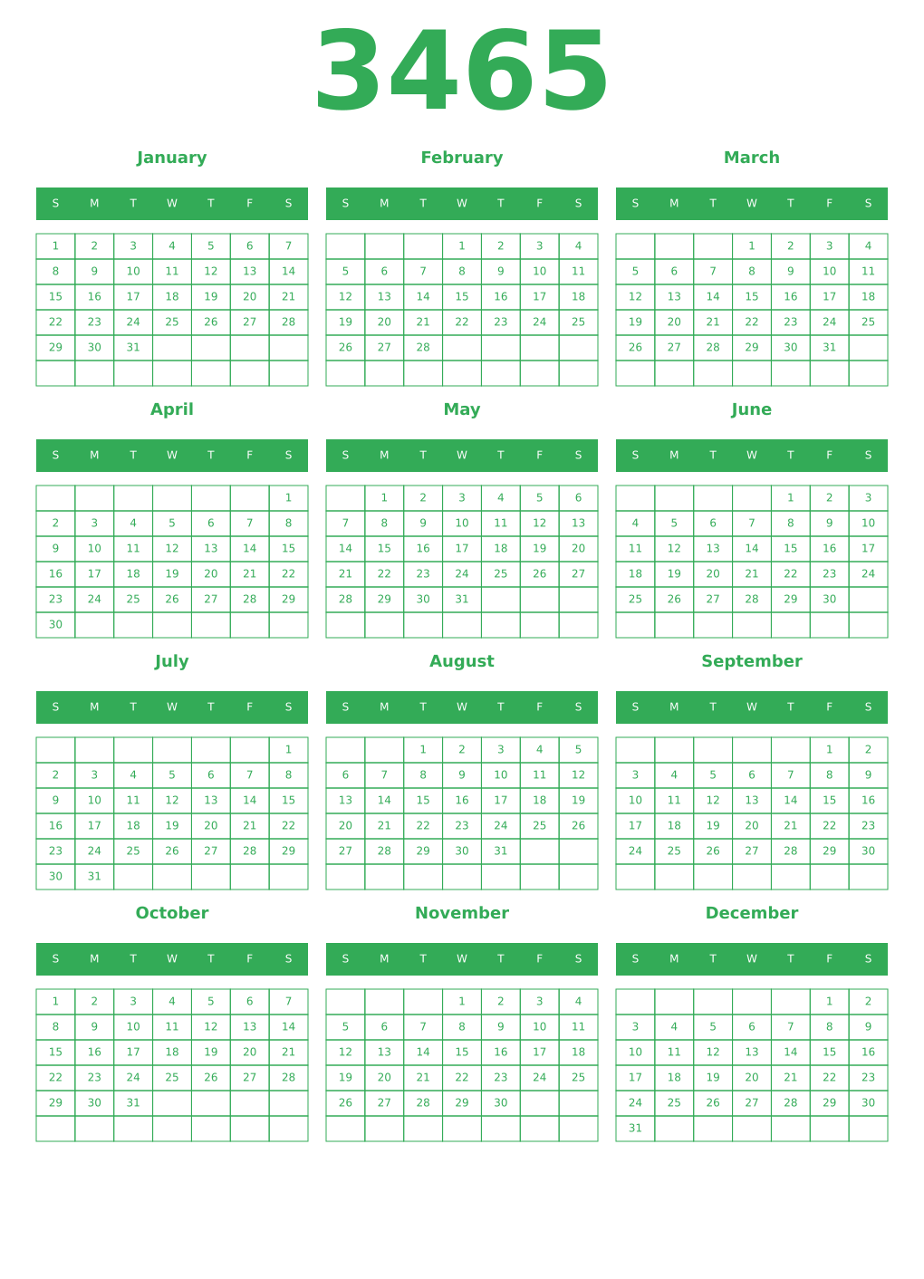 Printable 3465 Year Calendars green