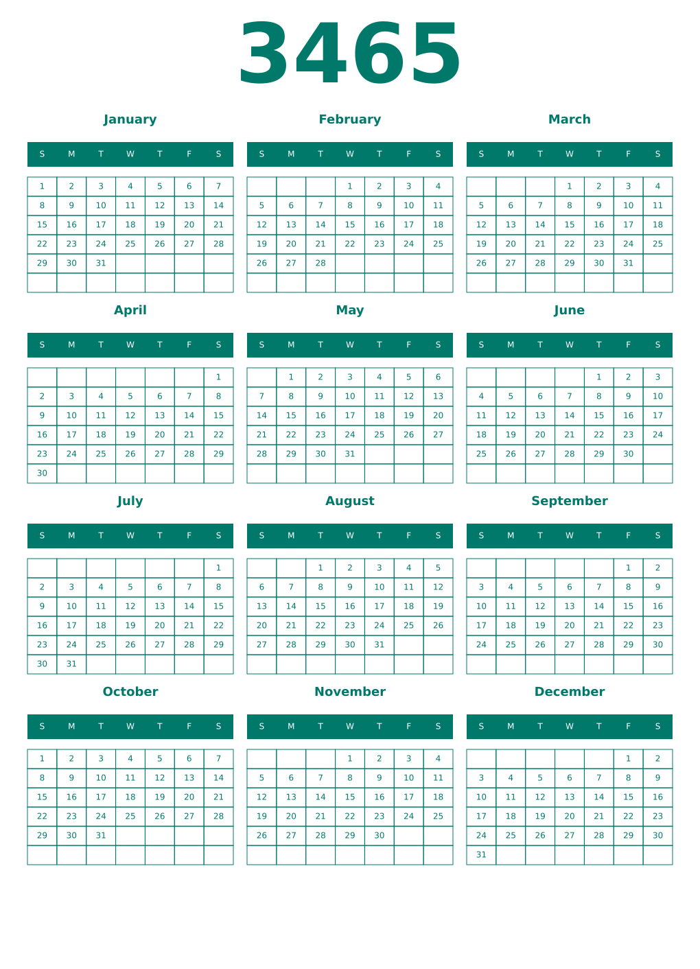 Printable 3465 Year Calendars pastel