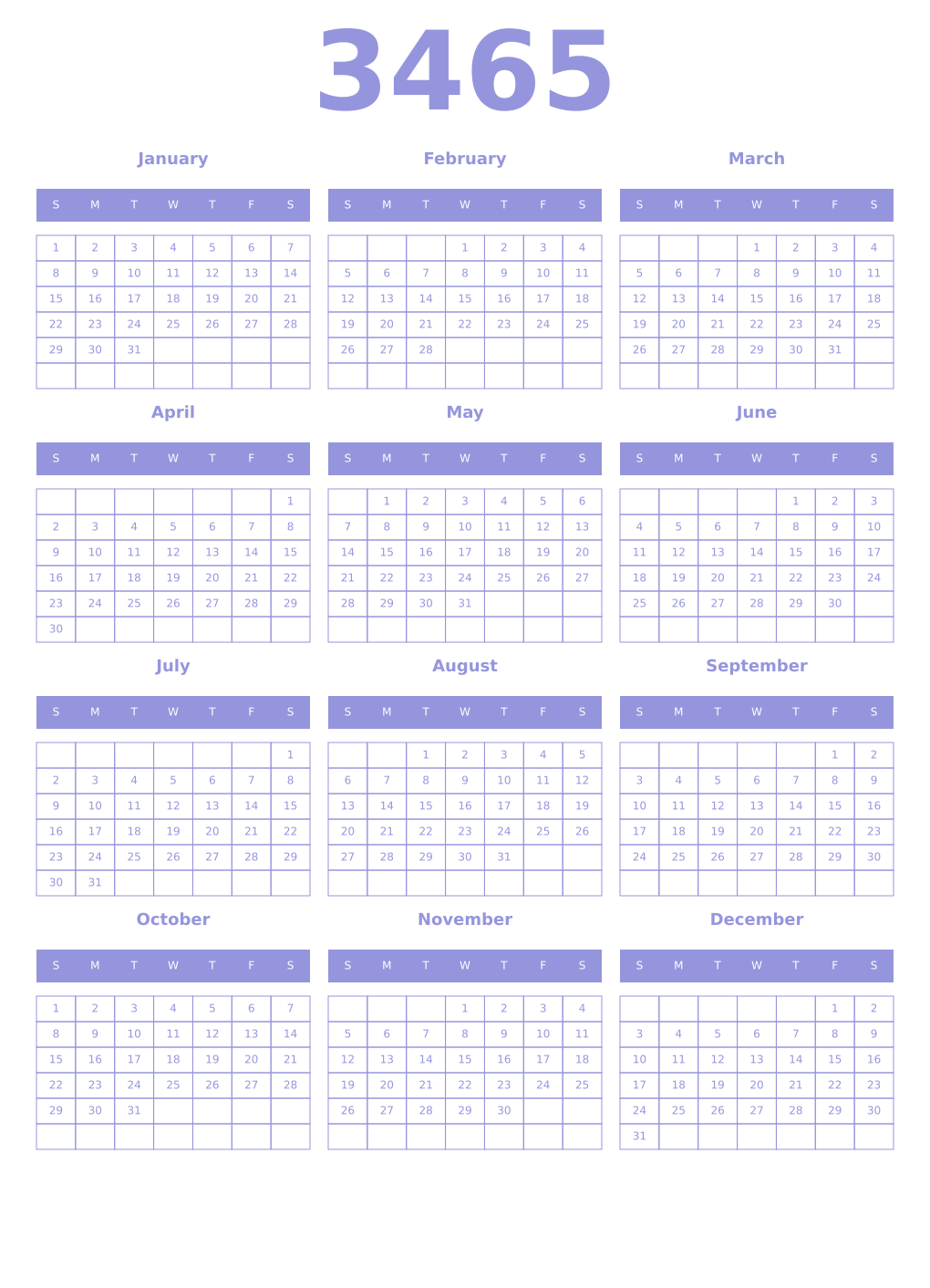 Printable 3465 Year Calendars periwinkle
