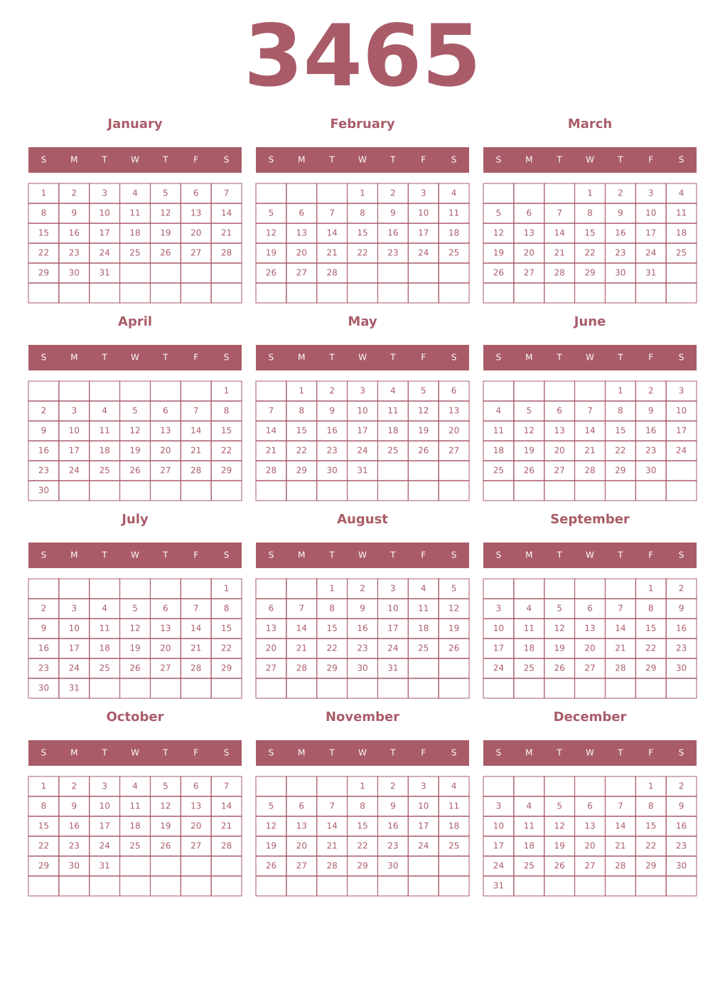 Printable 3465 Year Calendars puce
