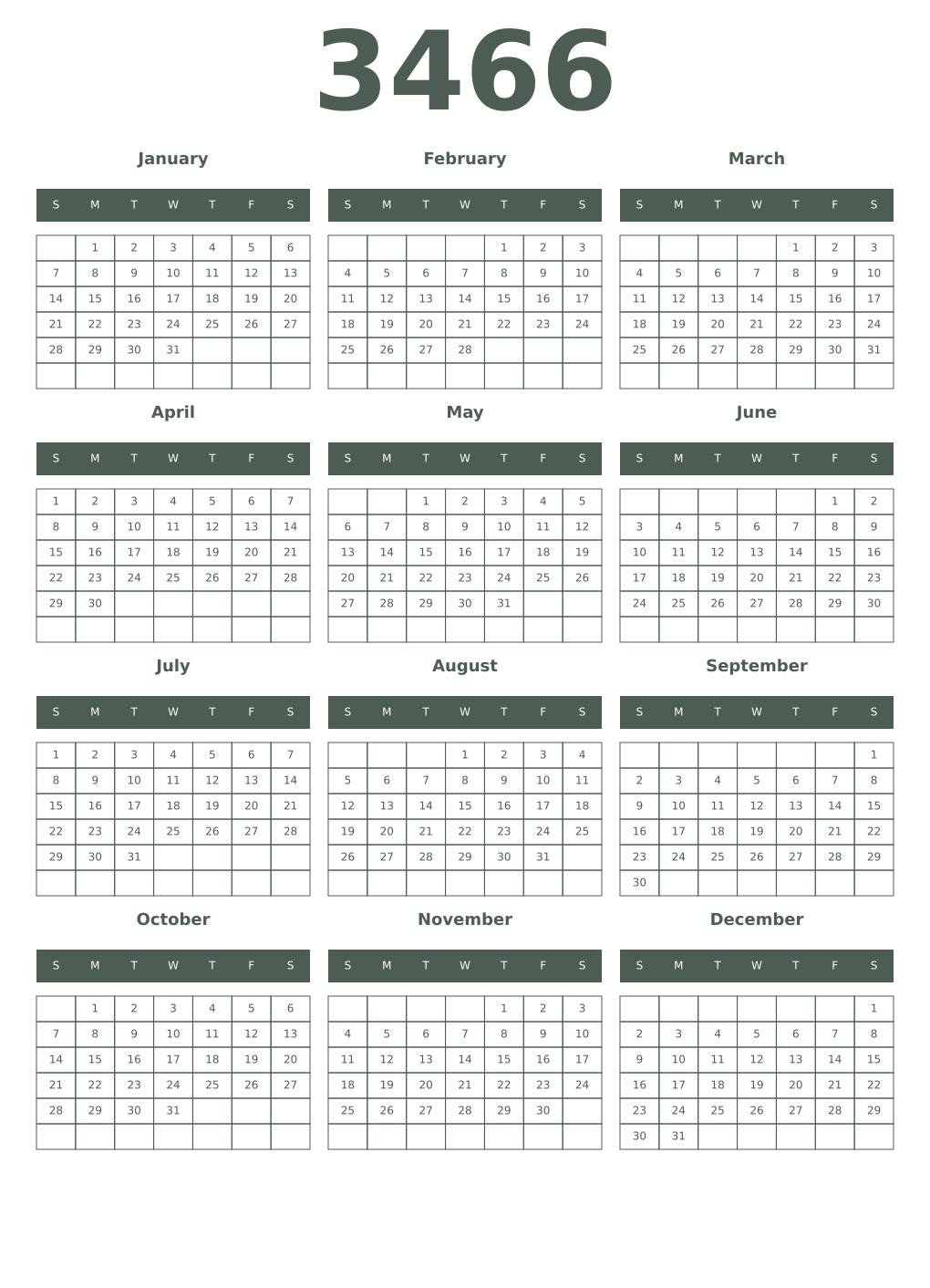 Printable 3466 Year Calendars feldgrau