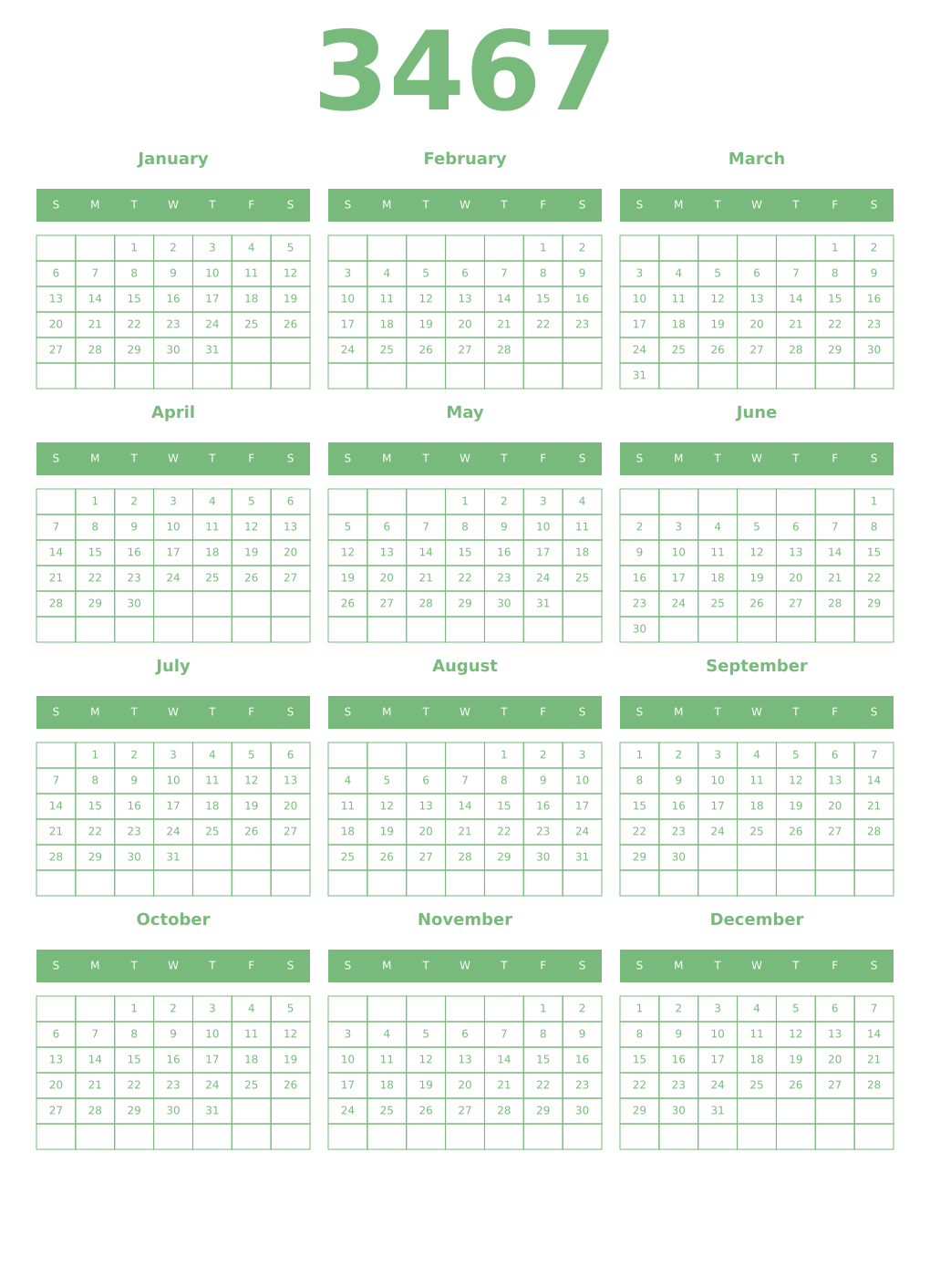 Printable 3467 Year Calendars celadon