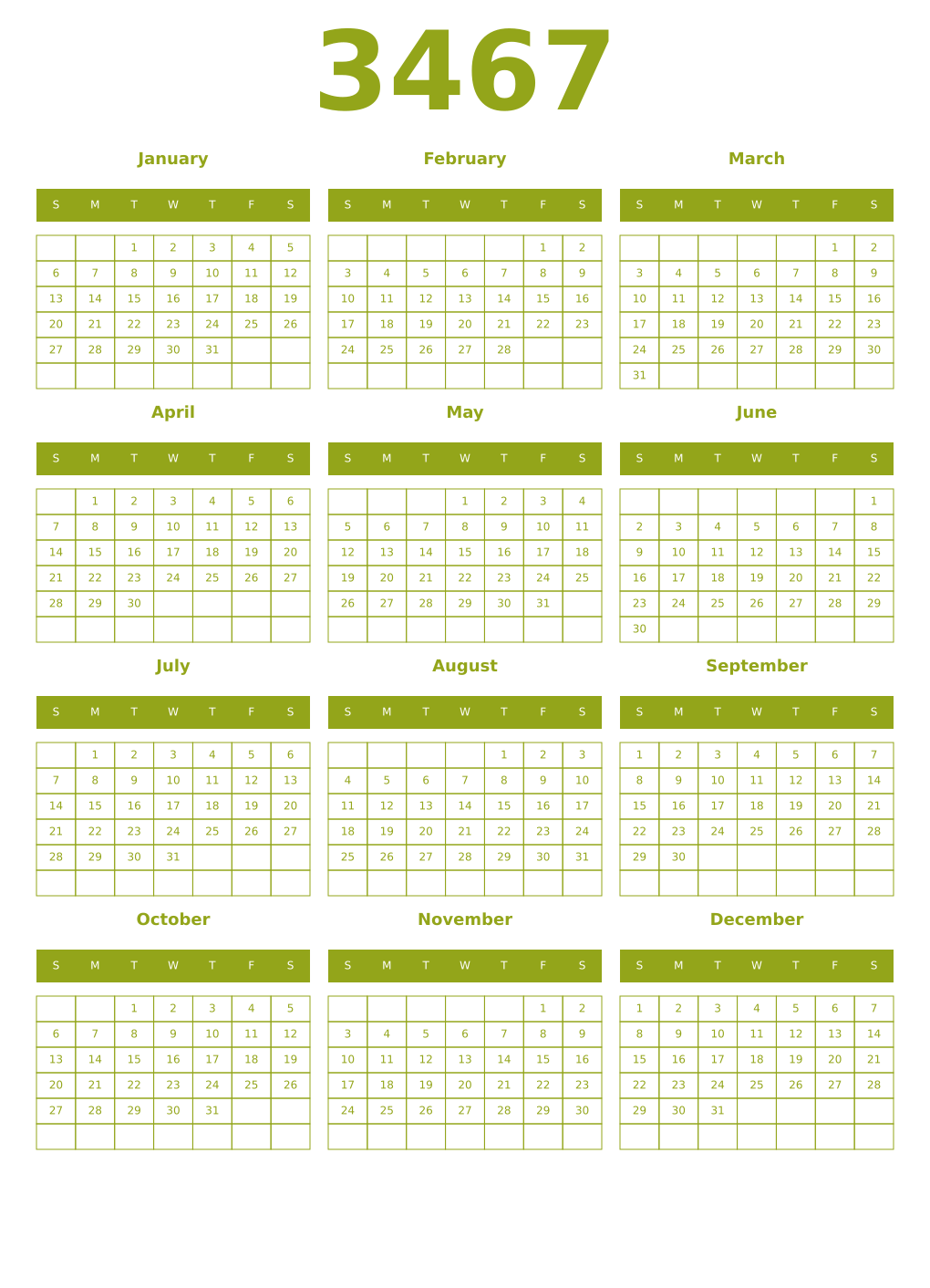 Printable 3467 Year Calendars chartreuse