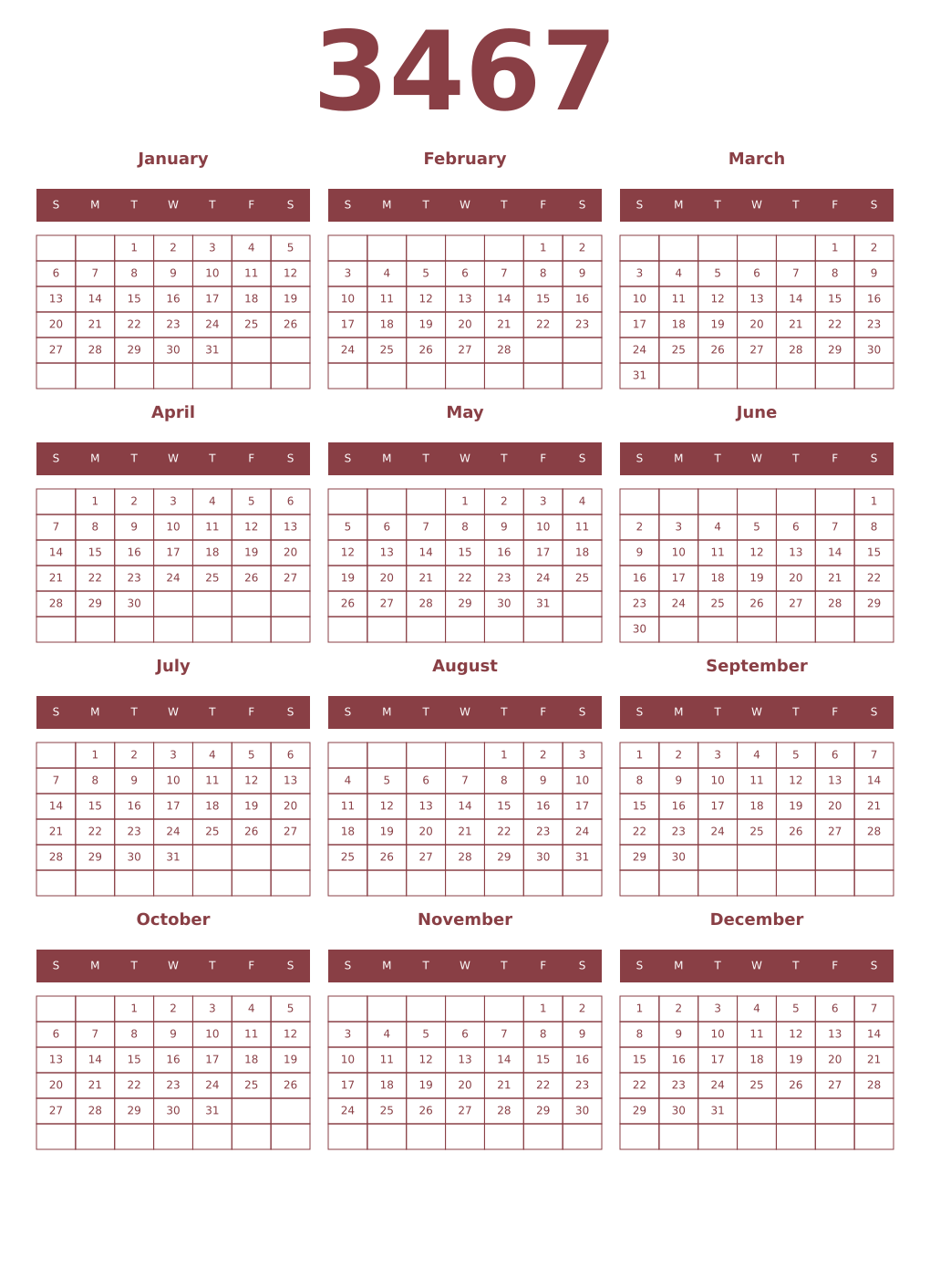 Printable 3467 Year Calendars cordovan