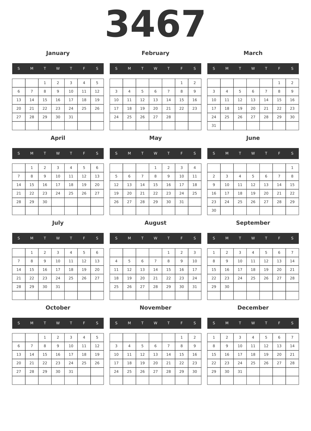 Printable 3467 Year Calendars dark
