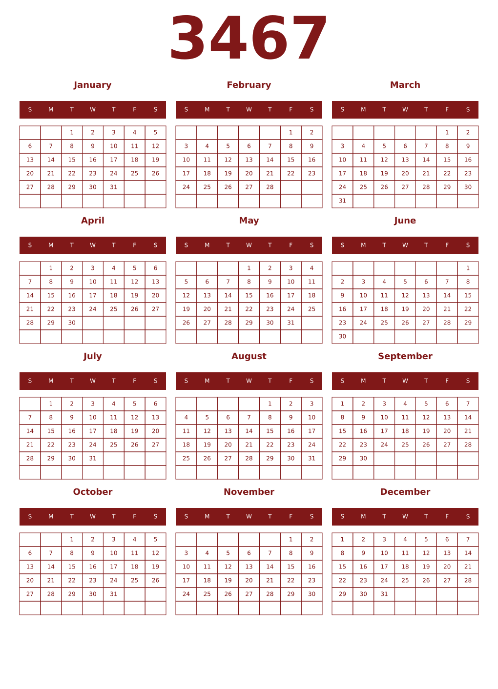 Printable 3467 Year Calendars falu