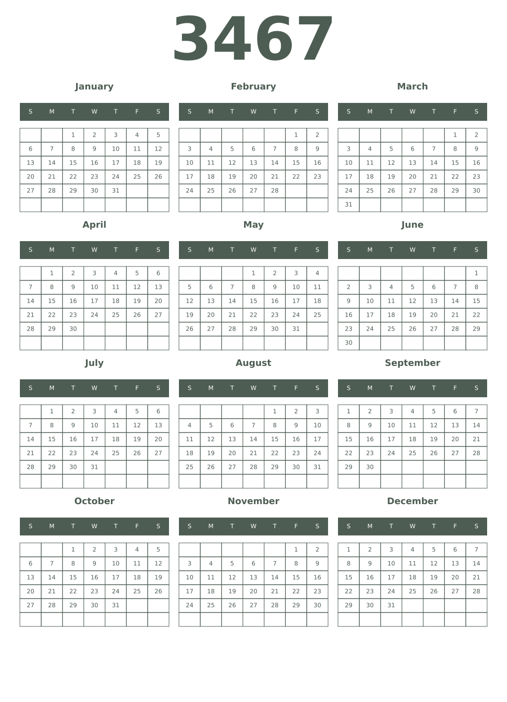 Printable 3467 Year Calendars feldgrau