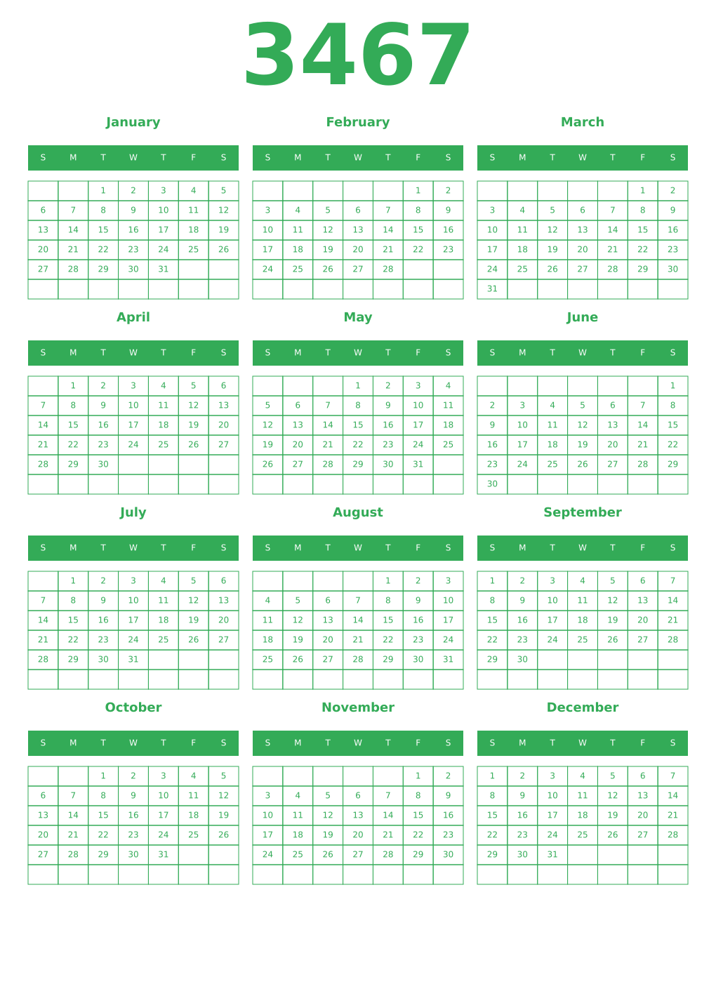 Printable 3467 Year Calendars green