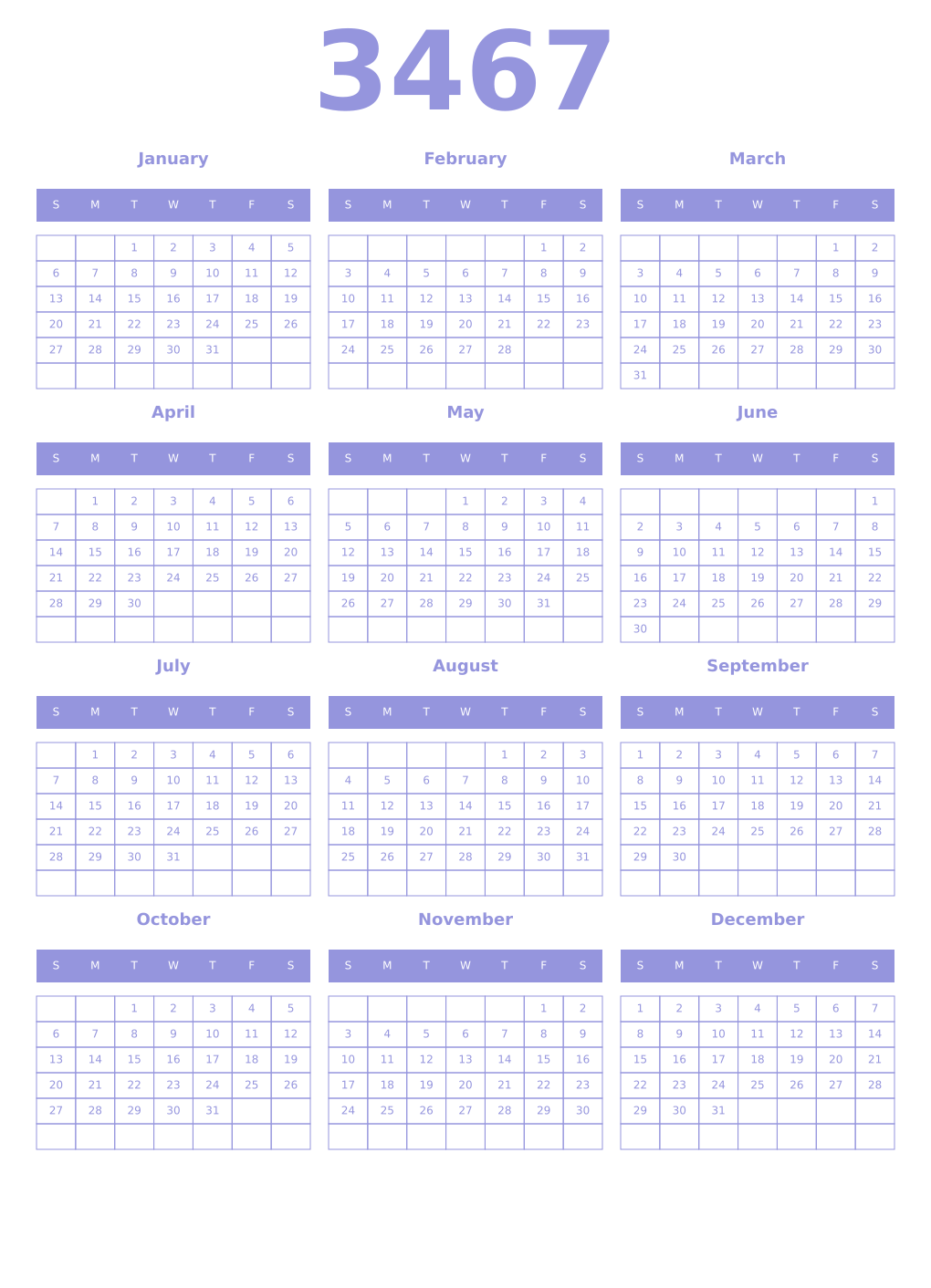 Printable 3467 Year Calendars periwinkle