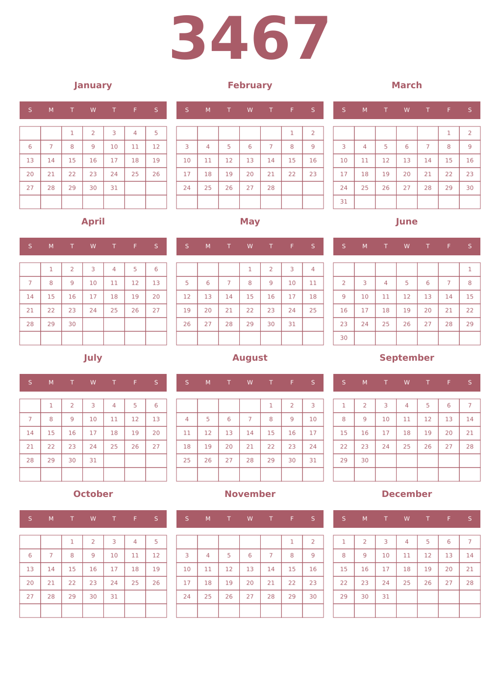 Printable 3467 Year Calendars puce