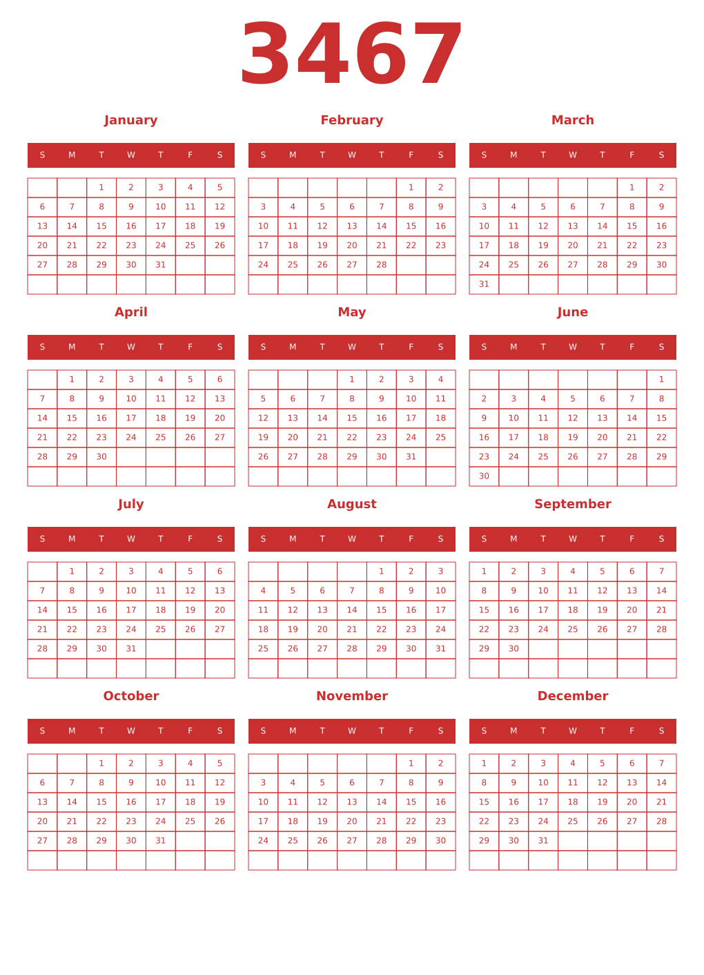 Printable 3467 Year Calendars red