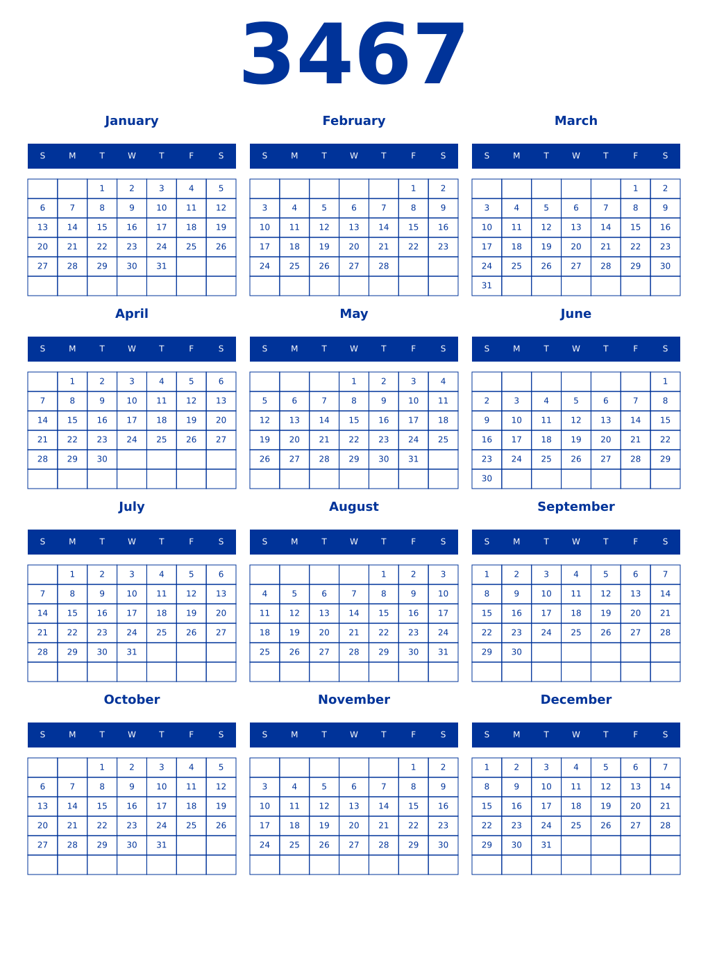 Printable 3467 Year Calendars smalt