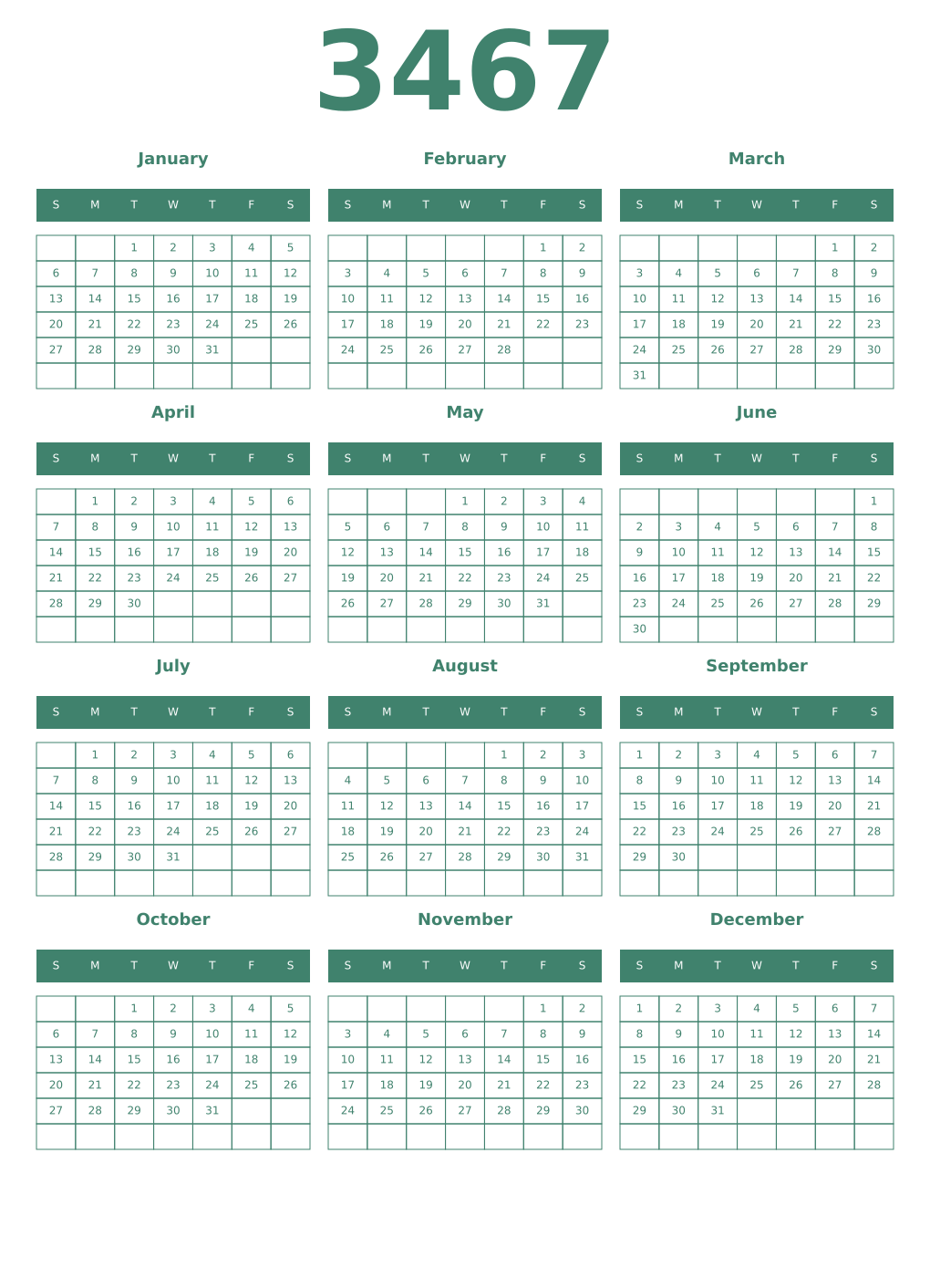 Printable 3467 Year Calendars viridian