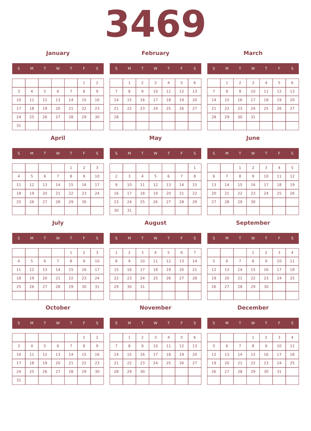 Printable 3469 Year Calendars cordovan