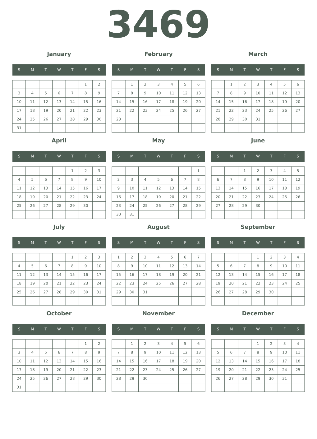 Printable 3469 Year Calendars feldgrau