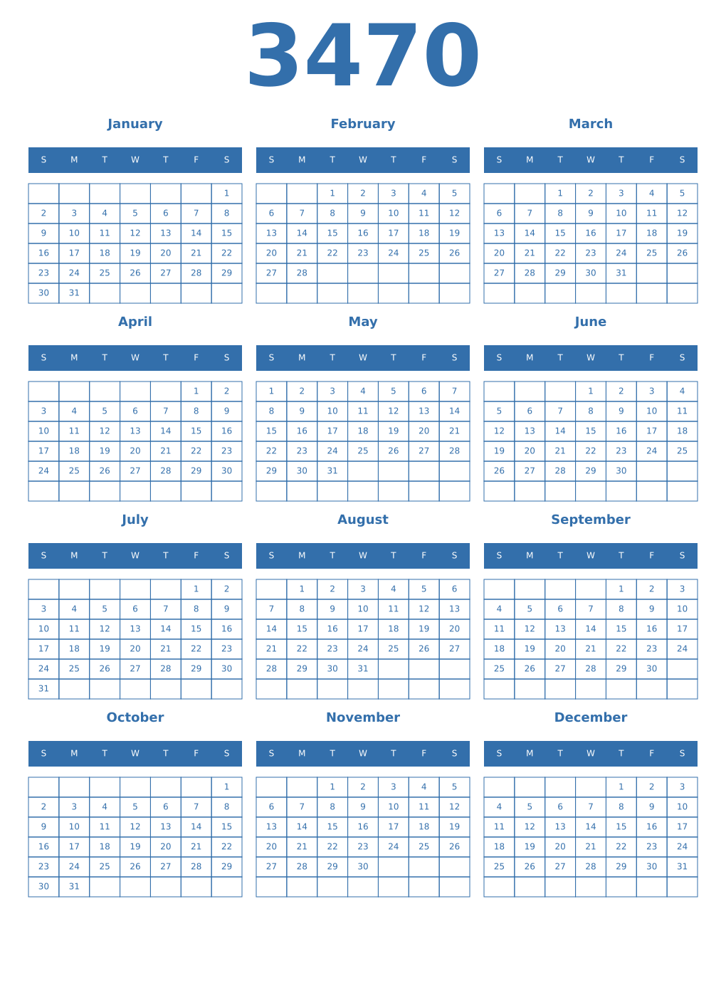 Printable 3470 Year Calendars blue