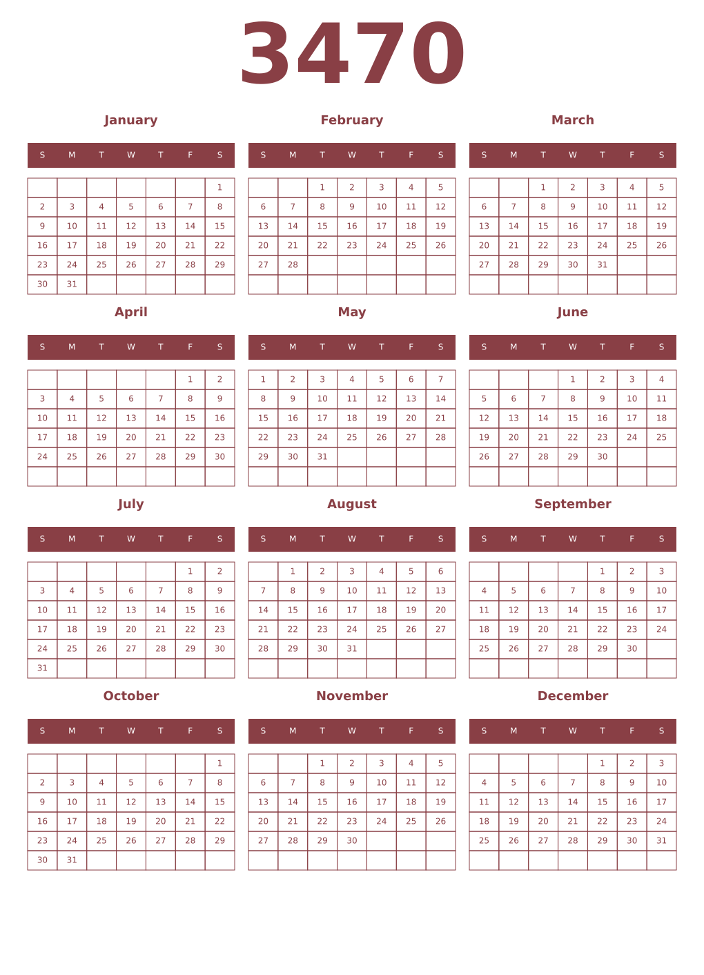 Printable 3470 Year Calendars cordovan