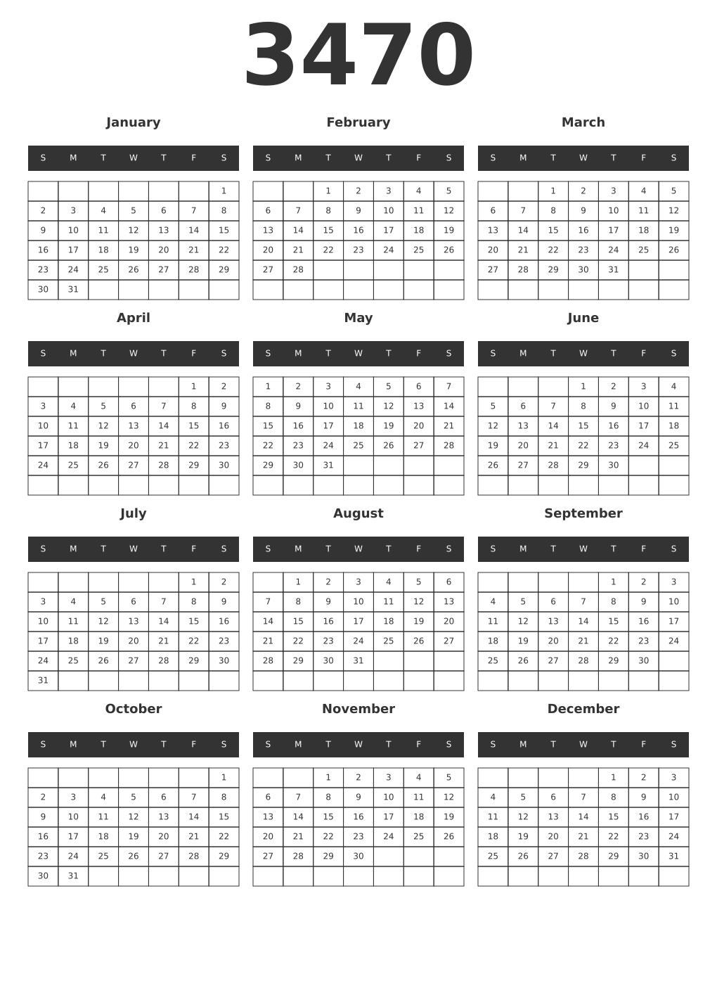 Printable 3470 Year Calendars dark