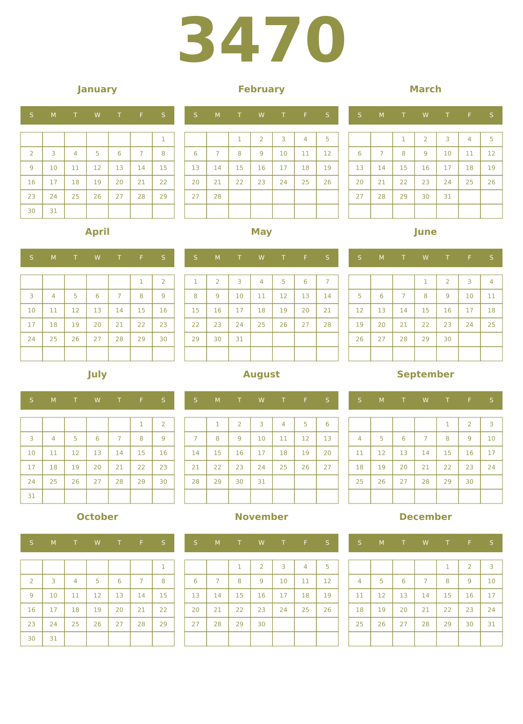 Printable 3470 Year Calendars eburnean