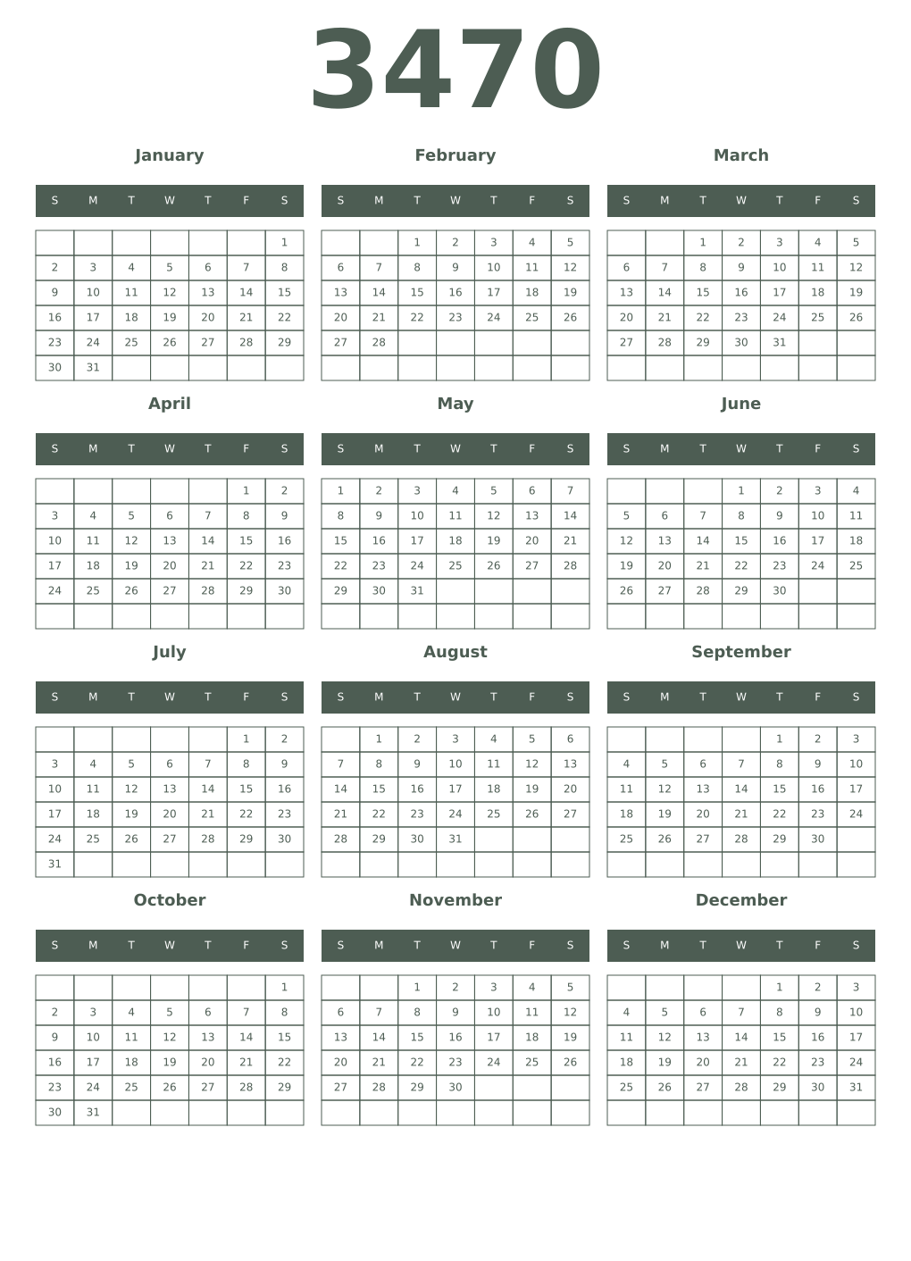 Printable 3470 Year Calendars feldgrau