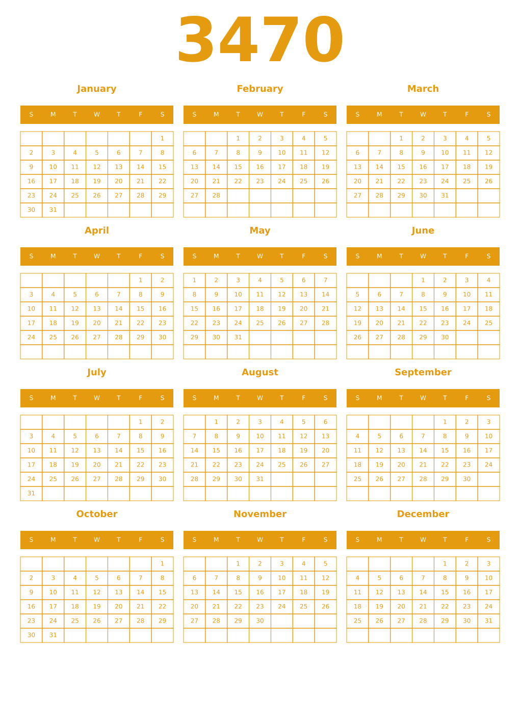 Printable 3470 Year Calendars gamboge