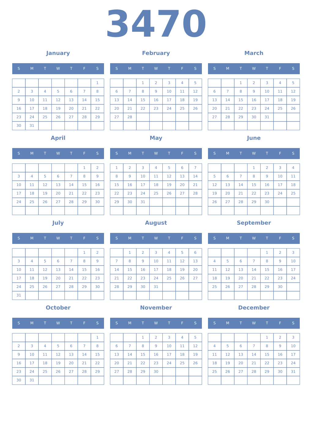 Printable 3470 Year Calendars glaucous