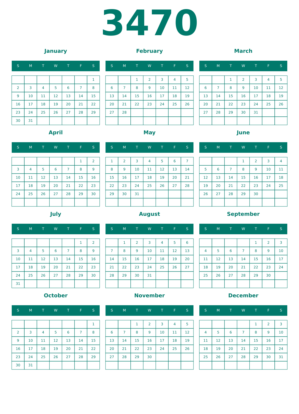 Printable 3470 Year Calendars pastel