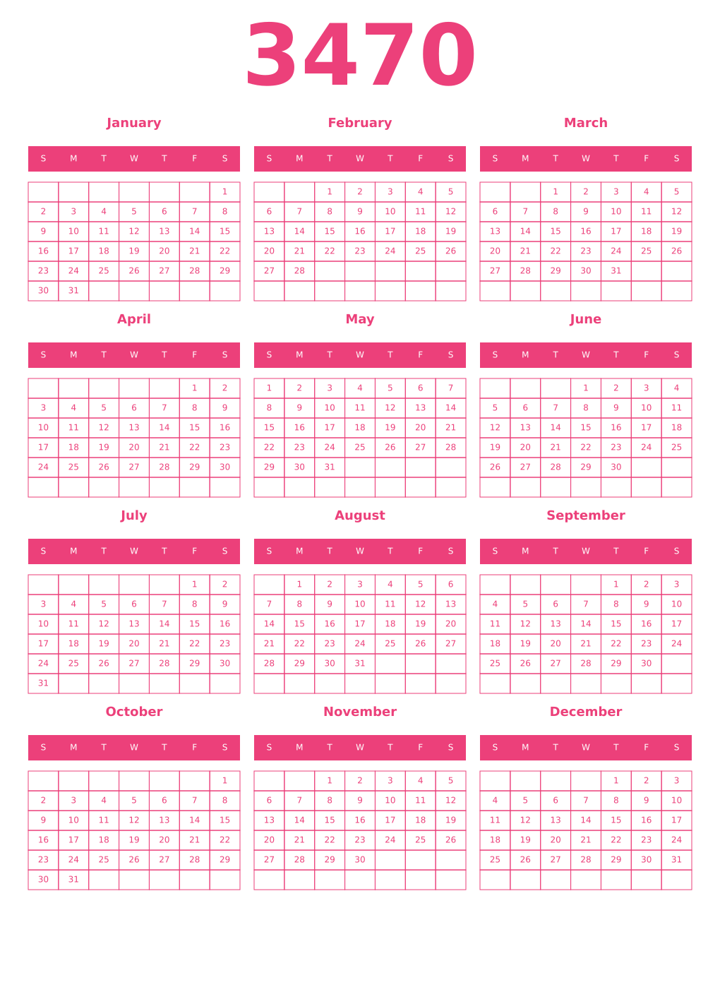 Printable 3470 Year Calendars pink