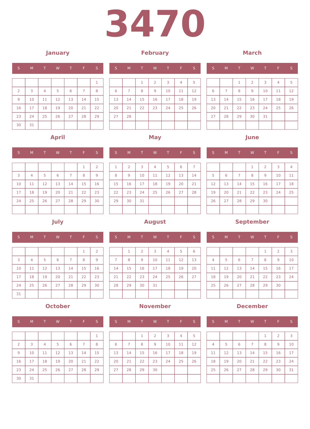 Printable 3470 Year Calendars puce