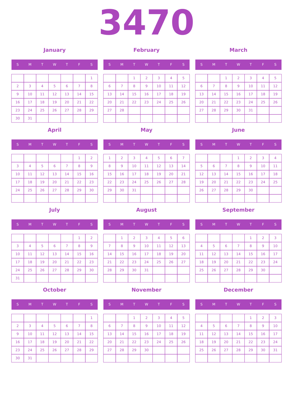 Printable 3470 Year Calendars purple