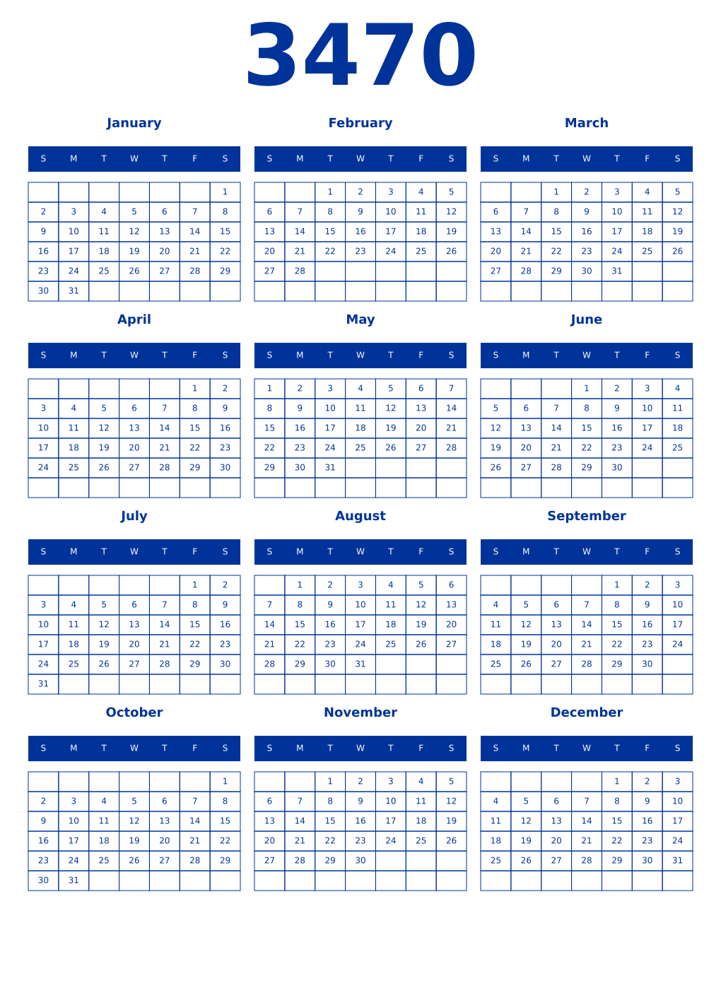 Printable 3470 Year Calendars smalt