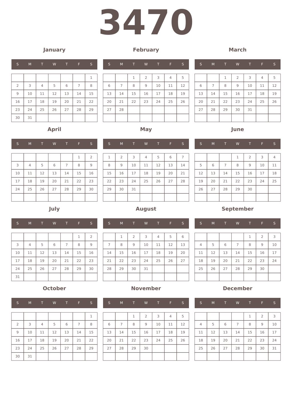 Printable 3470 Year Calendars wenge