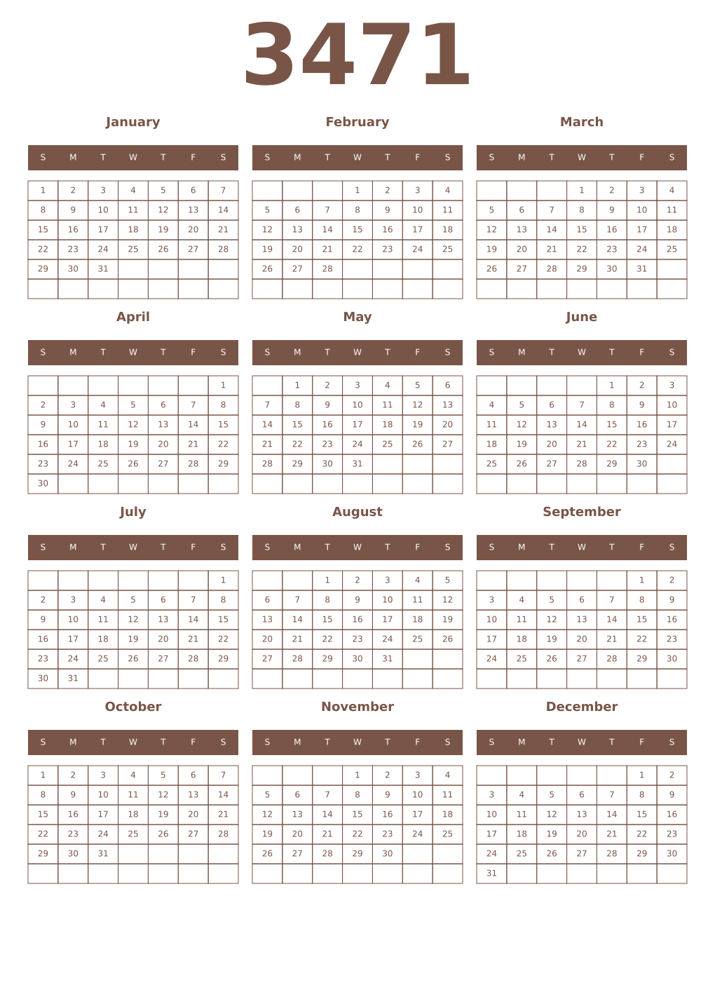 Printable 3471 Year Calendars coffe