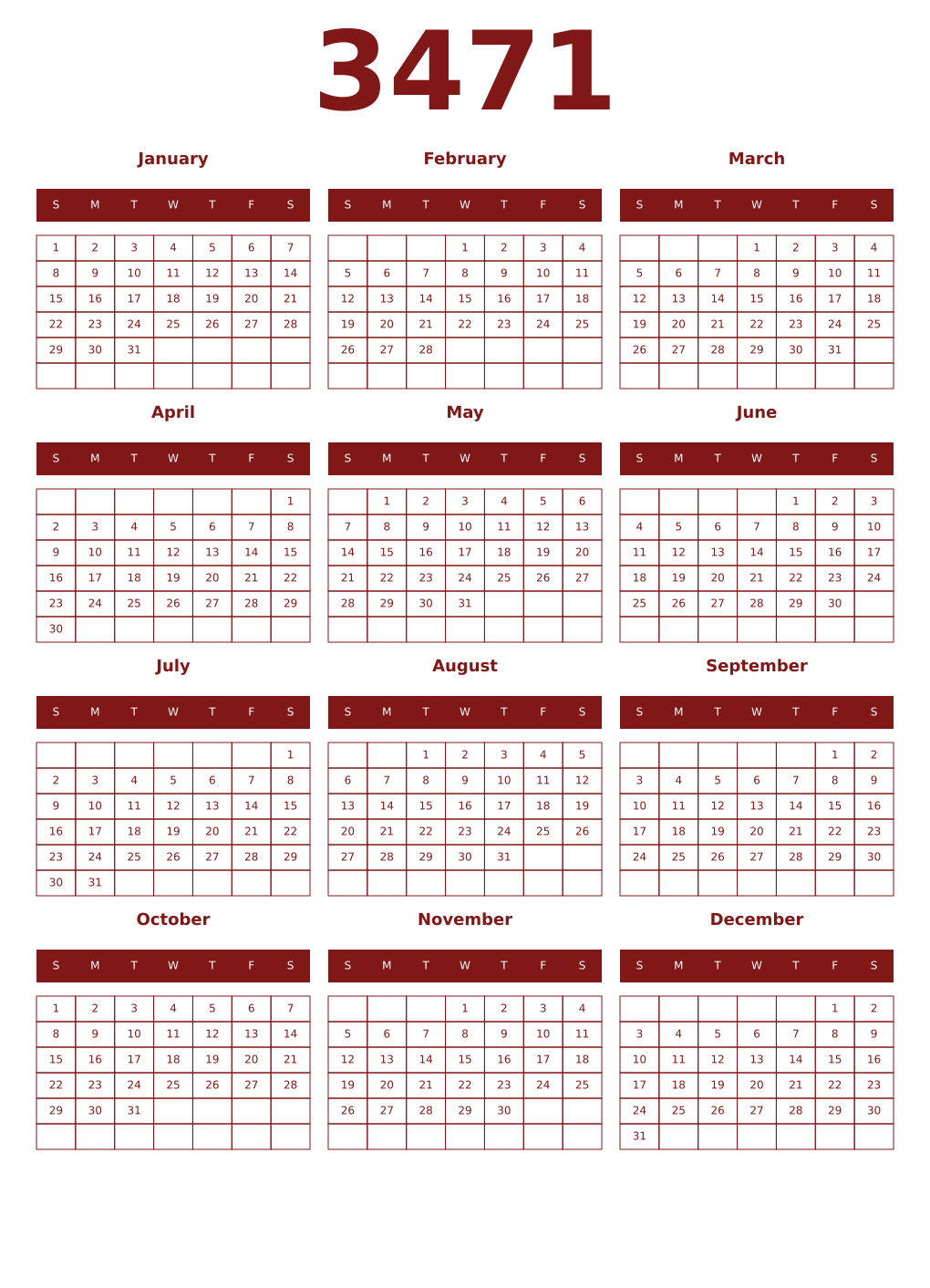 Printable 3471 Year Calendars falu