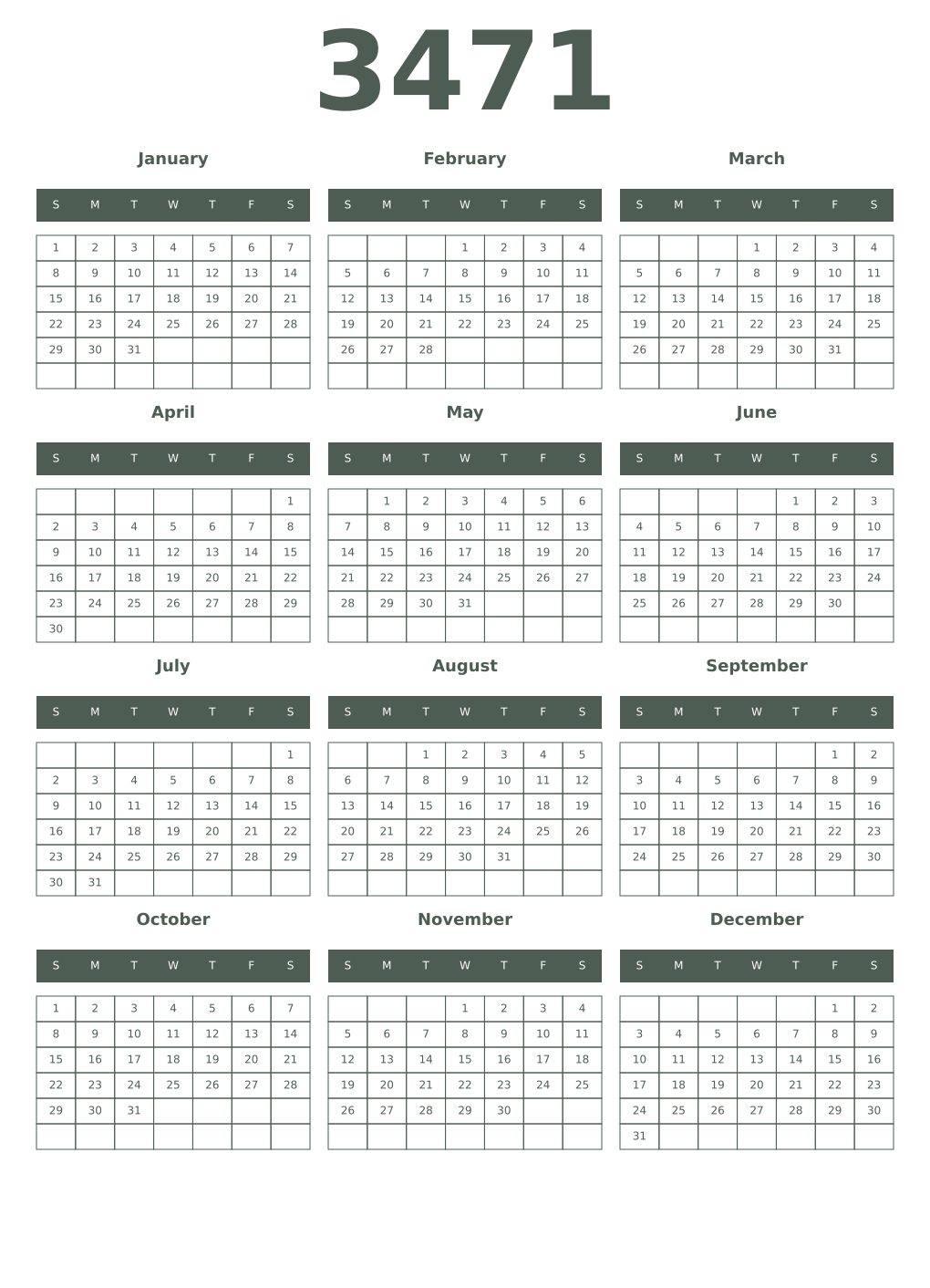 Printable 3471 Year Calendars feldgrau
