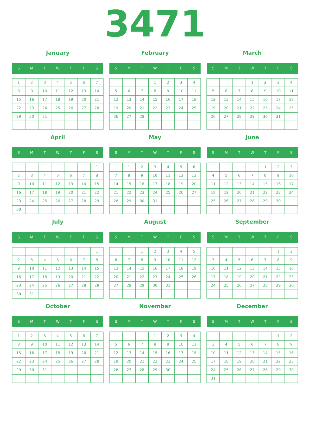 Printable 3471 Year Calendars green