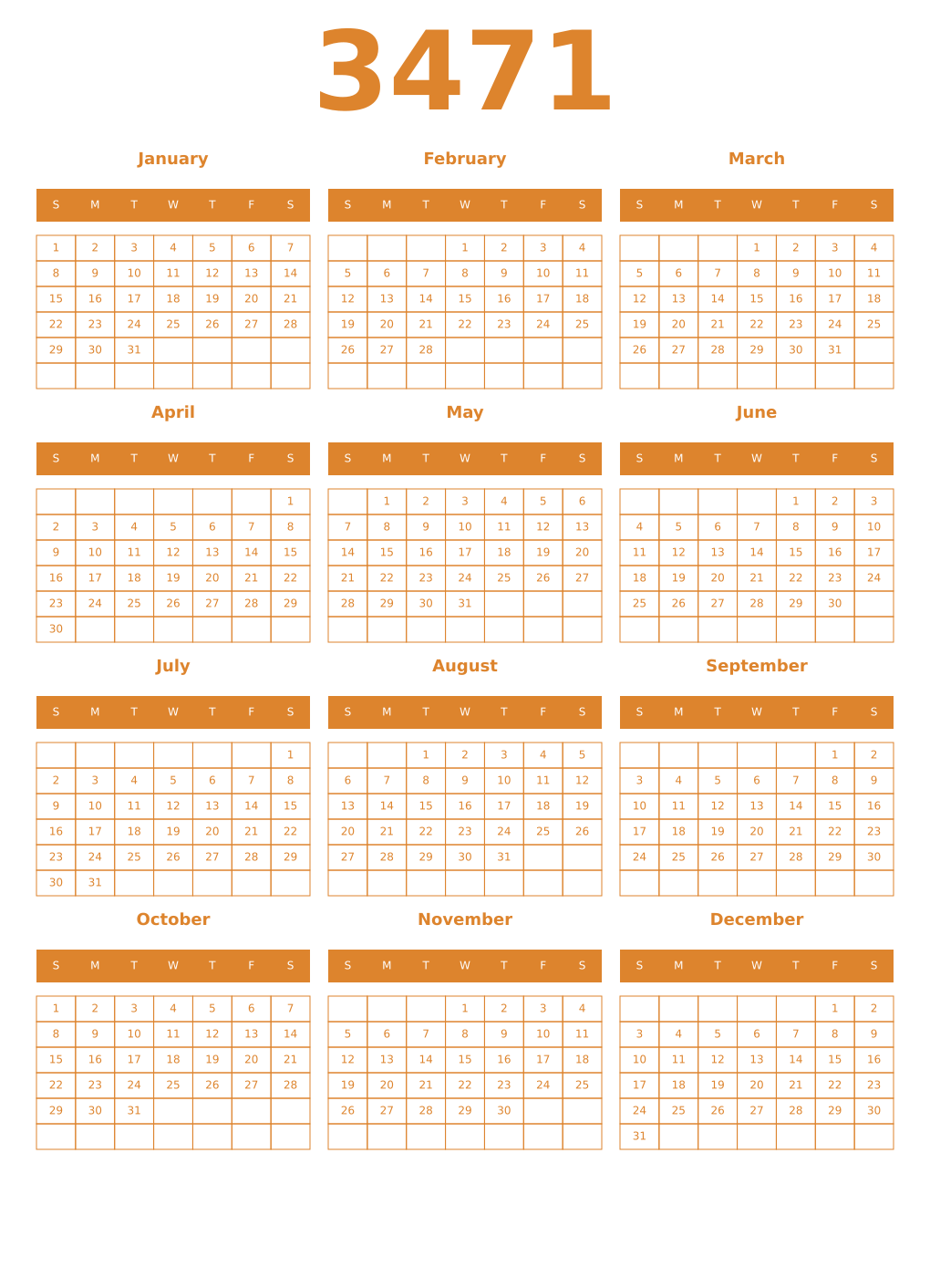 Printable 3471 Year Calendars orange