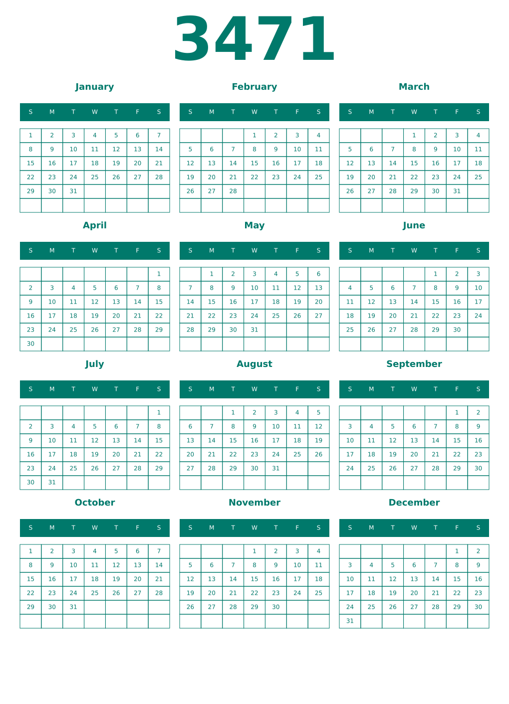 Printable 3471 Year Calendars pastel