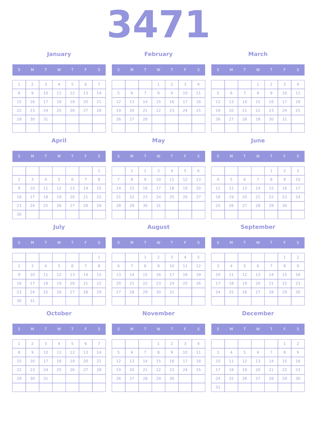 Printable 3471 Year Calendars periwinkle
