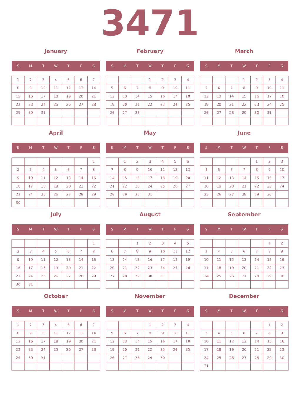 Printable 3471 Year Calendars puce