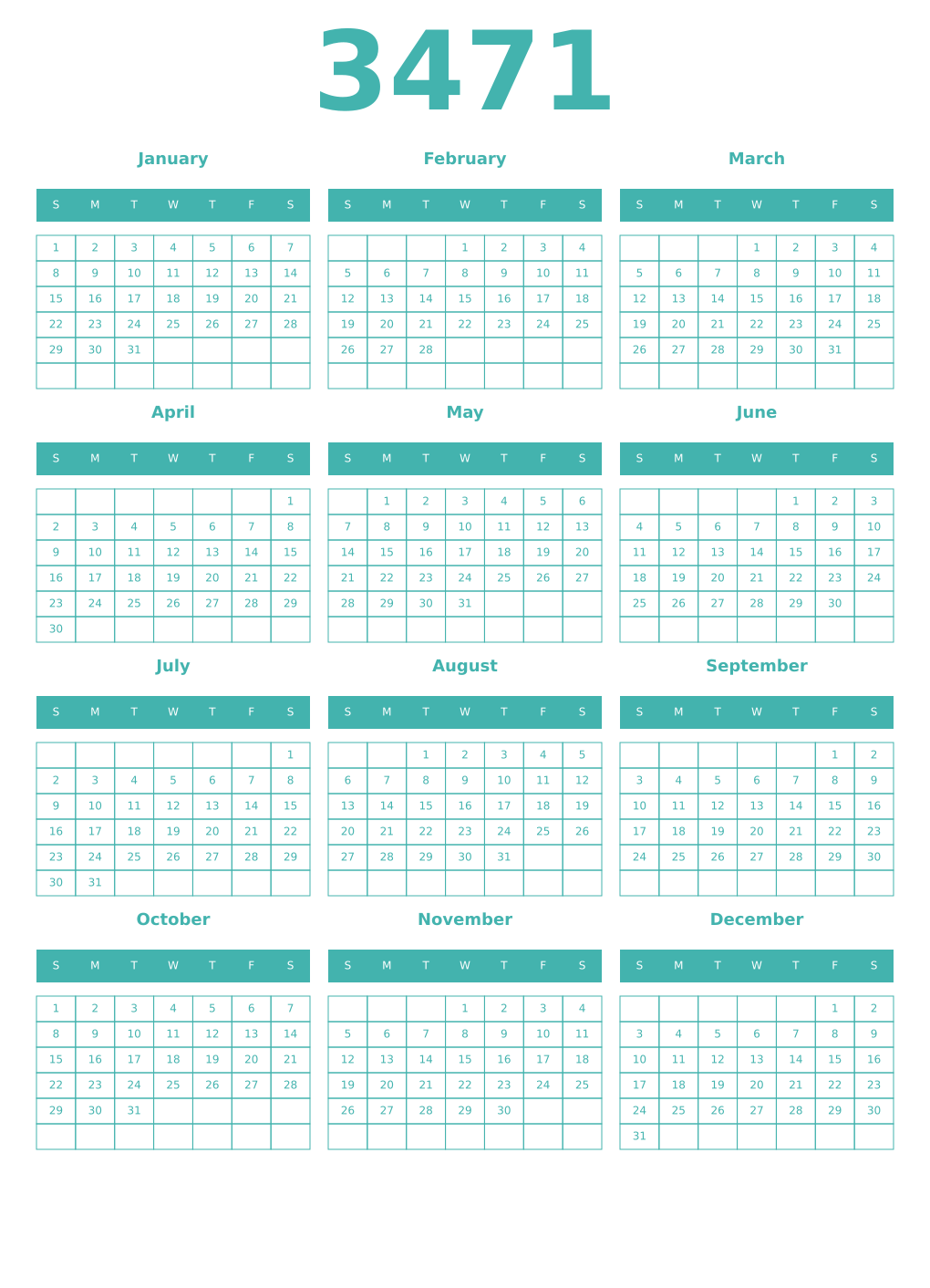 Printable 3471 Year Calendars verdigris